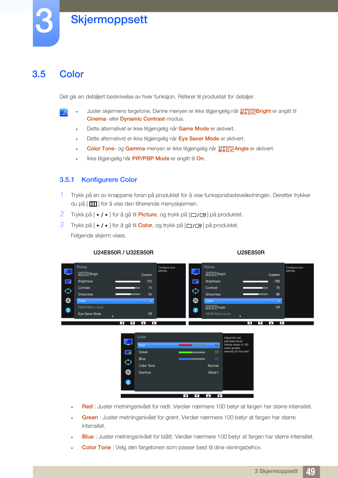 Samsung LU28E85KRS/EN, LU32E85KRS/EN, LU24E85KRS/EN manual Konfigurere Color, MAGIC Cinema- eller Dynamic Contrast-modus 