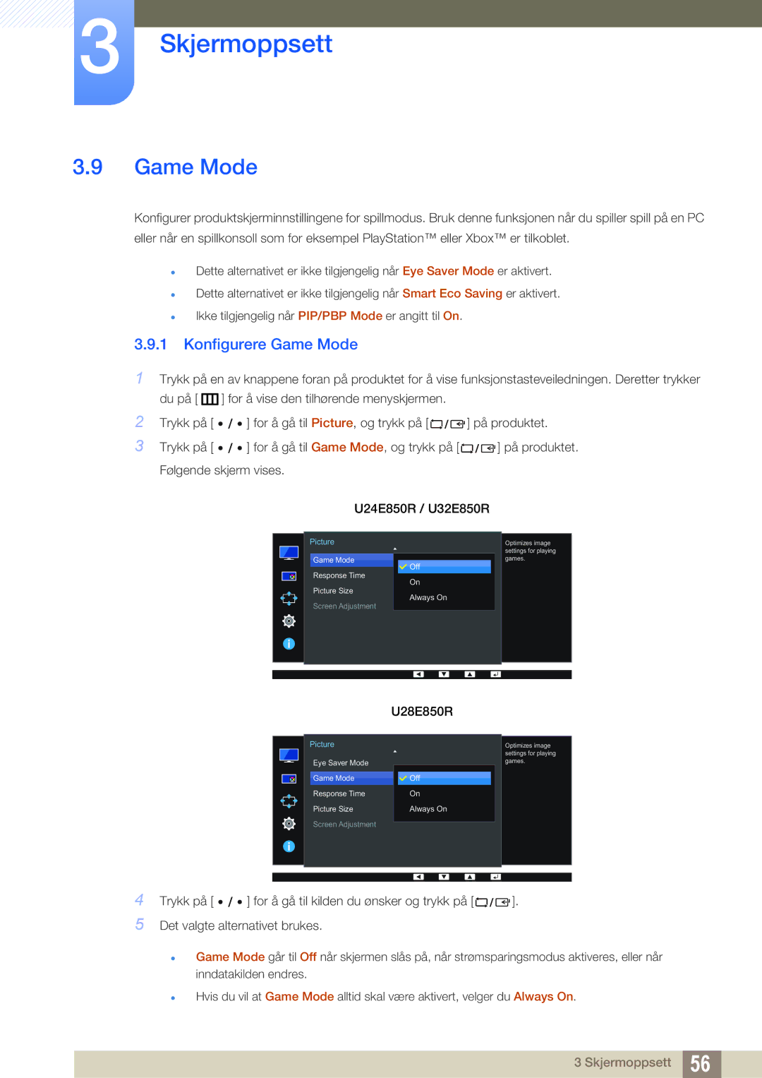 Samsung LU32E85KRS/EN, LU28E85KRS/EN, LU24E85KRS/EN, LU28E85KRSD/XE manual Konfigurere Game Mode 