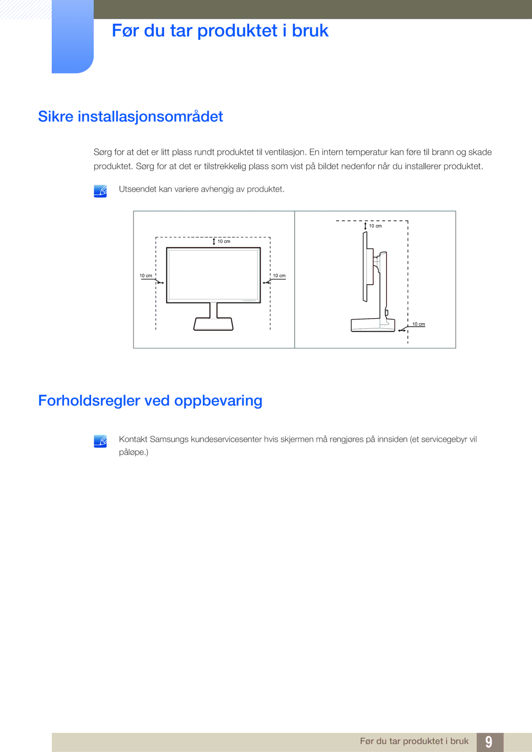 Samsung LU28E85KRS/EN, LU32E85KRS/EN, LU24E85KRS/EN manual Sikre installasjonsområdet, Forholdsregler ved oppbevaring 