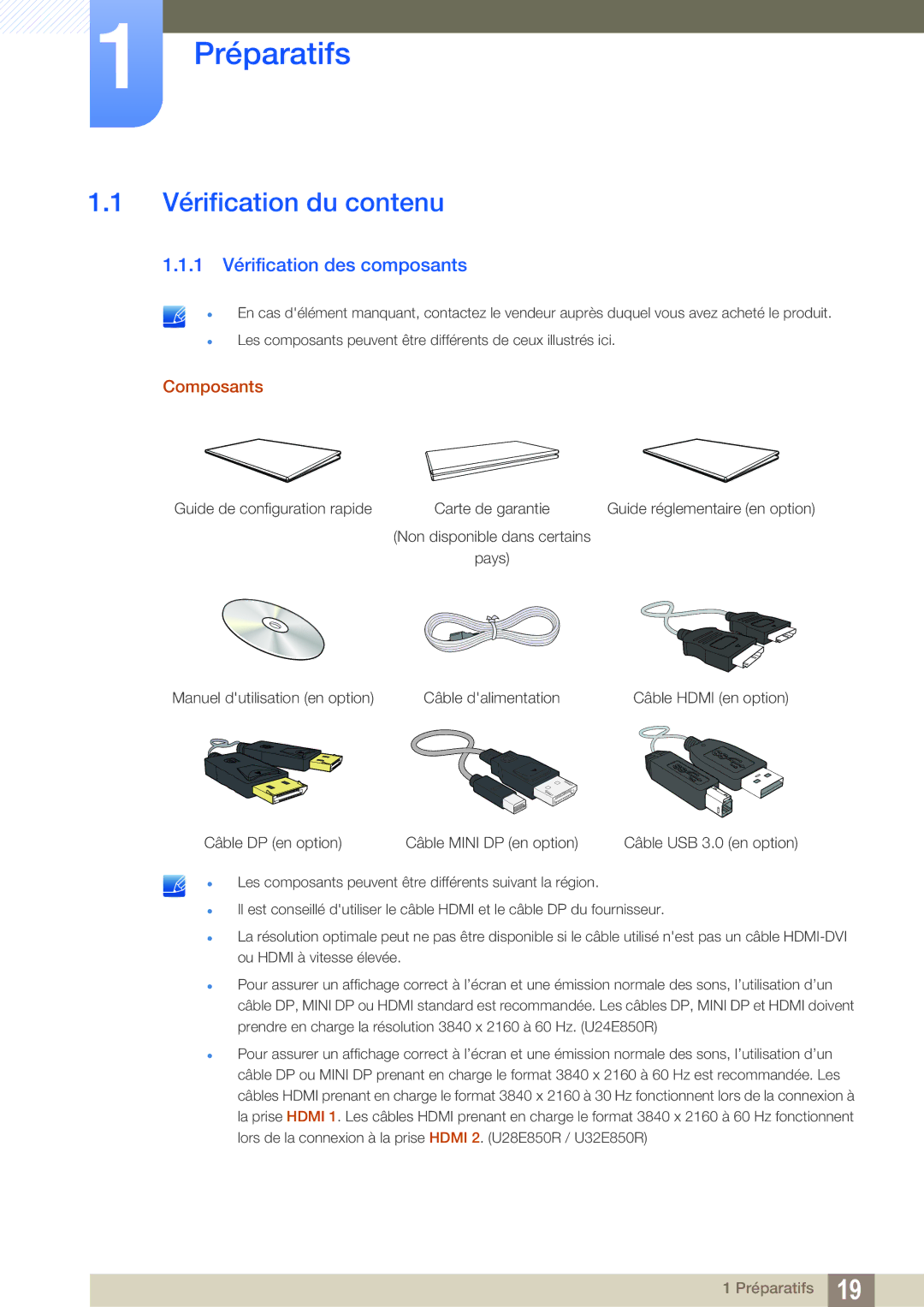 Samsung LU28E85KRS/EN, LU32E85KRS/EN manual Préparatifs, Vérification du contenu, 1 Vérification des composants, Composants 