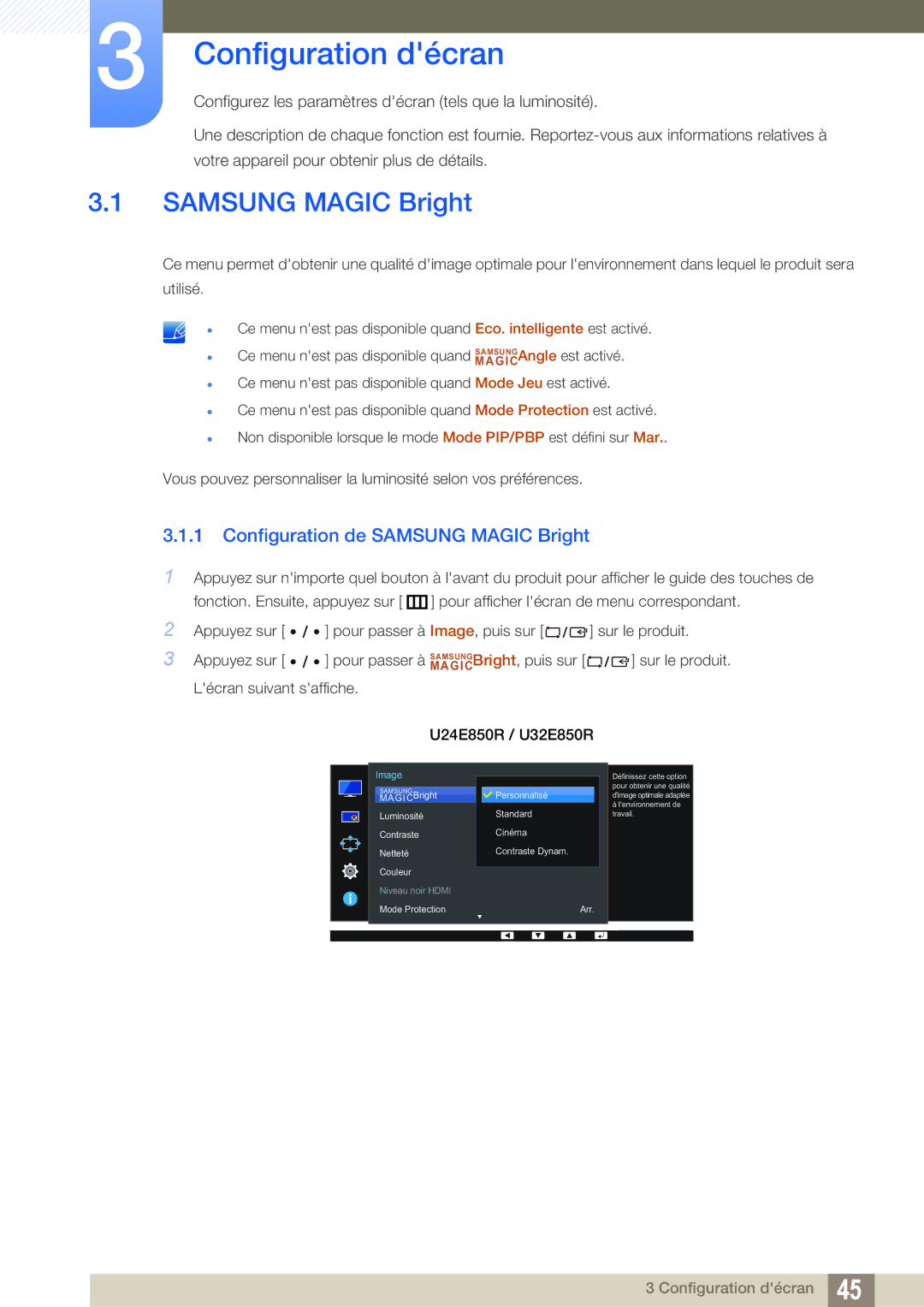 Samsung LU32E85KRS/EN, LU28E85KRS/EN, LU24E85KRS/EN manual Configuration décran, Configuration de Samsung Magic Bright 