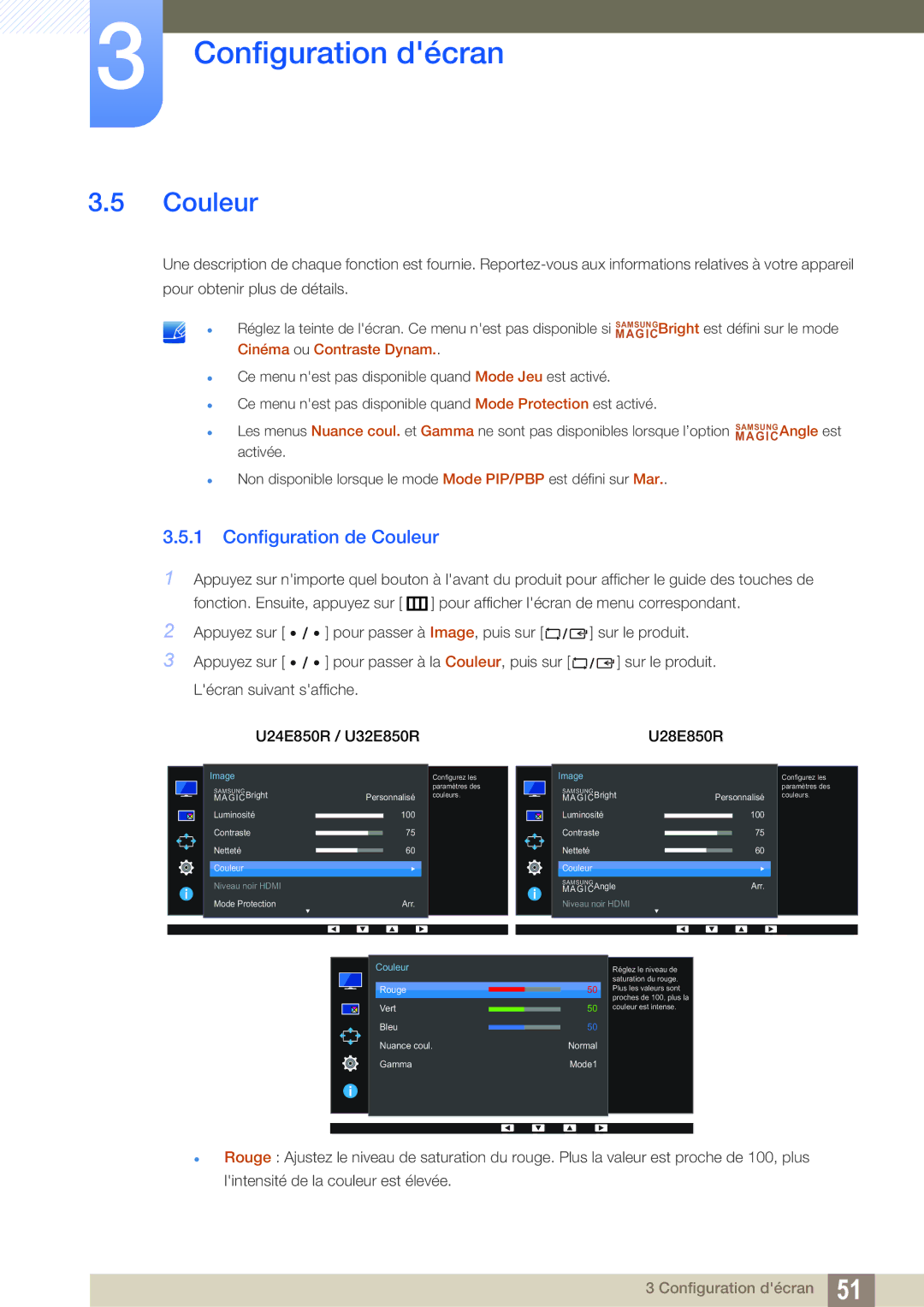 Samsung LU32E85KRS/EN, LU28E85KRS/EN, LU24E85KRS/EN manual Configuration de Couleur, MAGIC Cinéma ou Contraste Dynam 