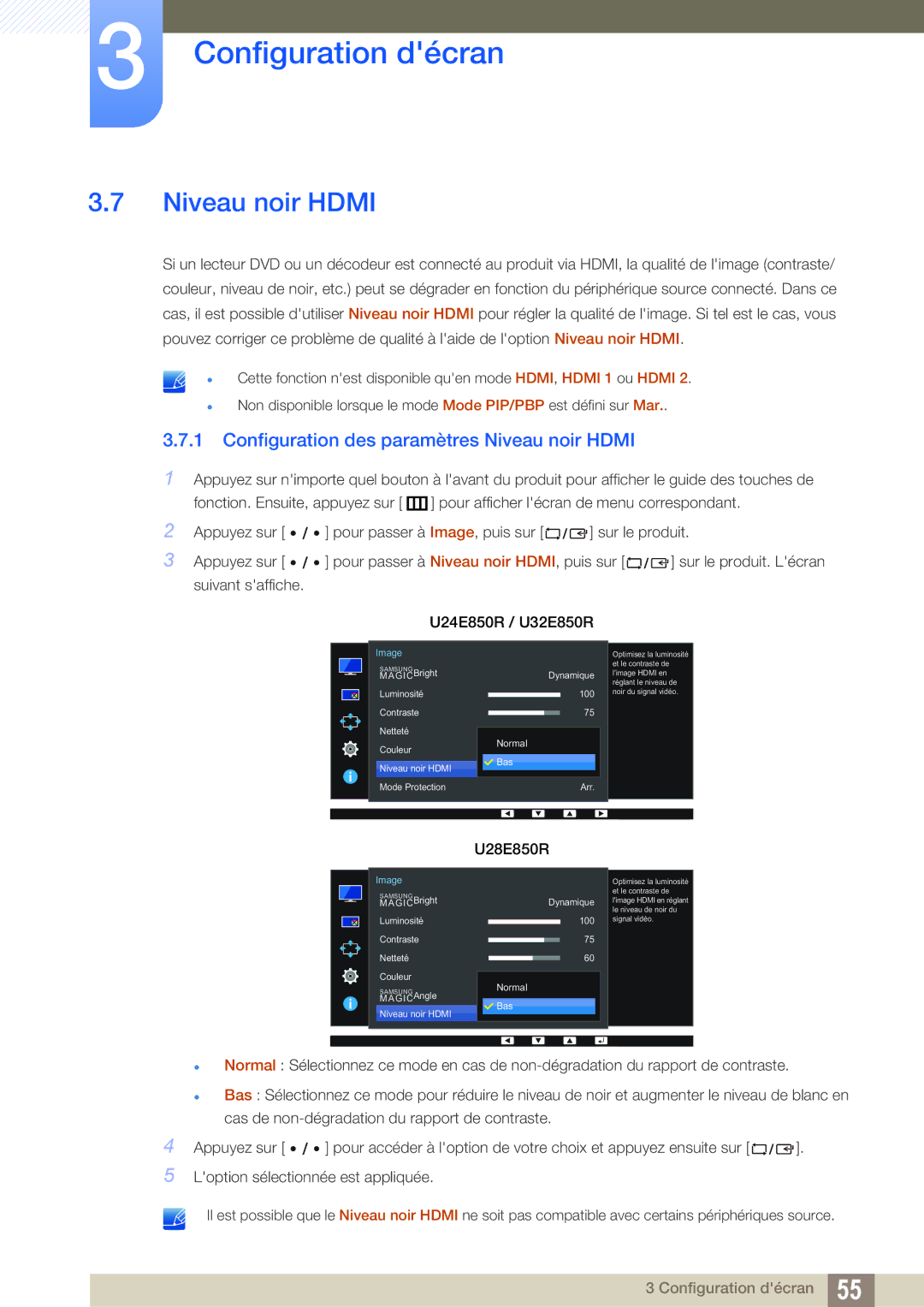 Samsung LU28E85KRS/EN, LU32E85KRS/EN, LU24E85KRS/EN manual Configuration des paramètres Niveau noir Hdmi 