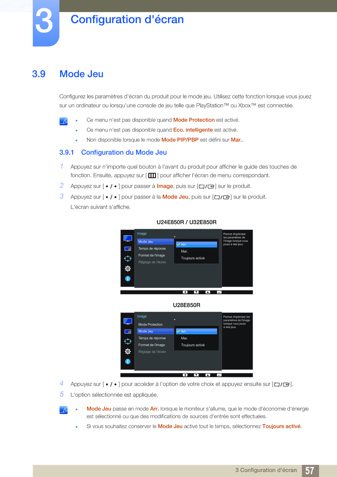 Samsung LU32E85KRS/EN, LU28E85KRS/EN, LU24E85KRS/EN manual Configuration du Mode Jeu 