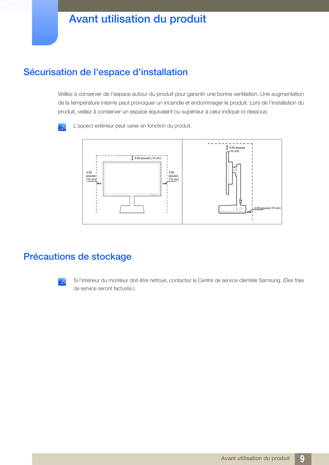 Samsung LU32E85KRS/EN, LU28E85KRS/EN, LU24E85KRS/EN manual Sécurisation de lespace dinstallation, Précautions de stockage 