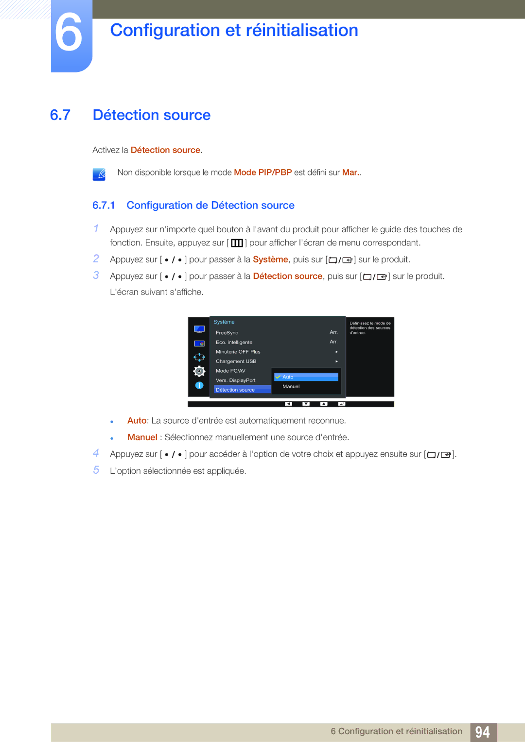 Samsung LU28E85KRS/EN, LU32E85KRS/EN, LU24E85KRS/EN manual Configuration de Détection source, Activez la Détection source 