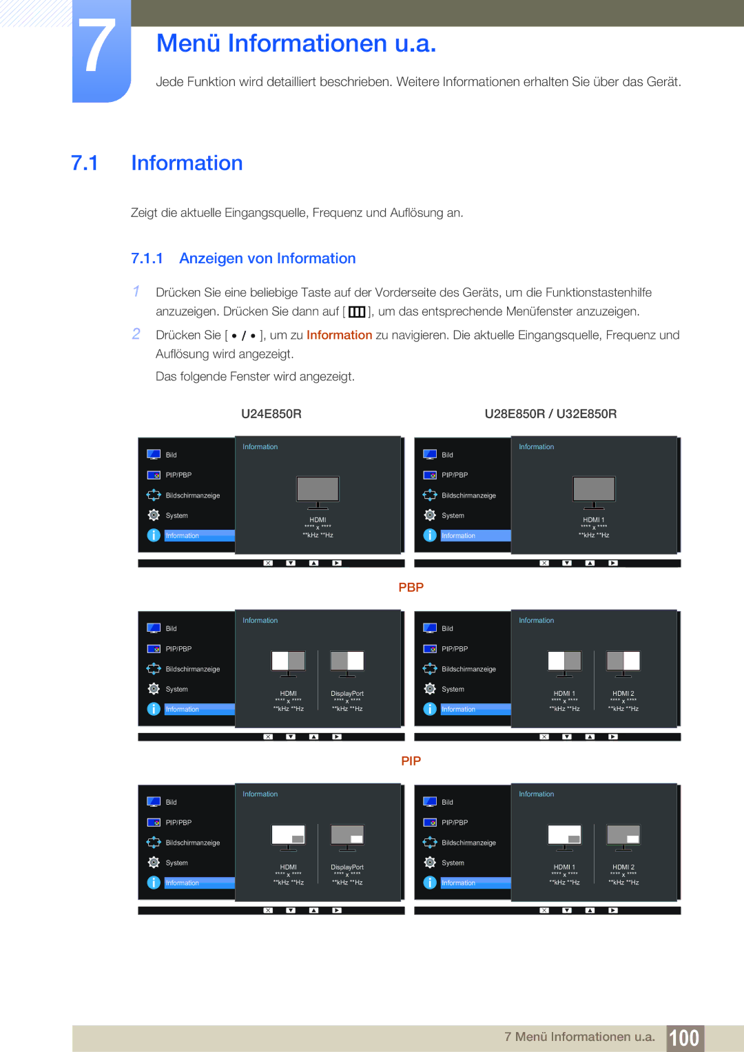 Samsung LU28E85KRS/EN, LU32E85KRS/EN, LU24E85KRS/EN manual Menü Informationen u.a, Anzeigen von Information 