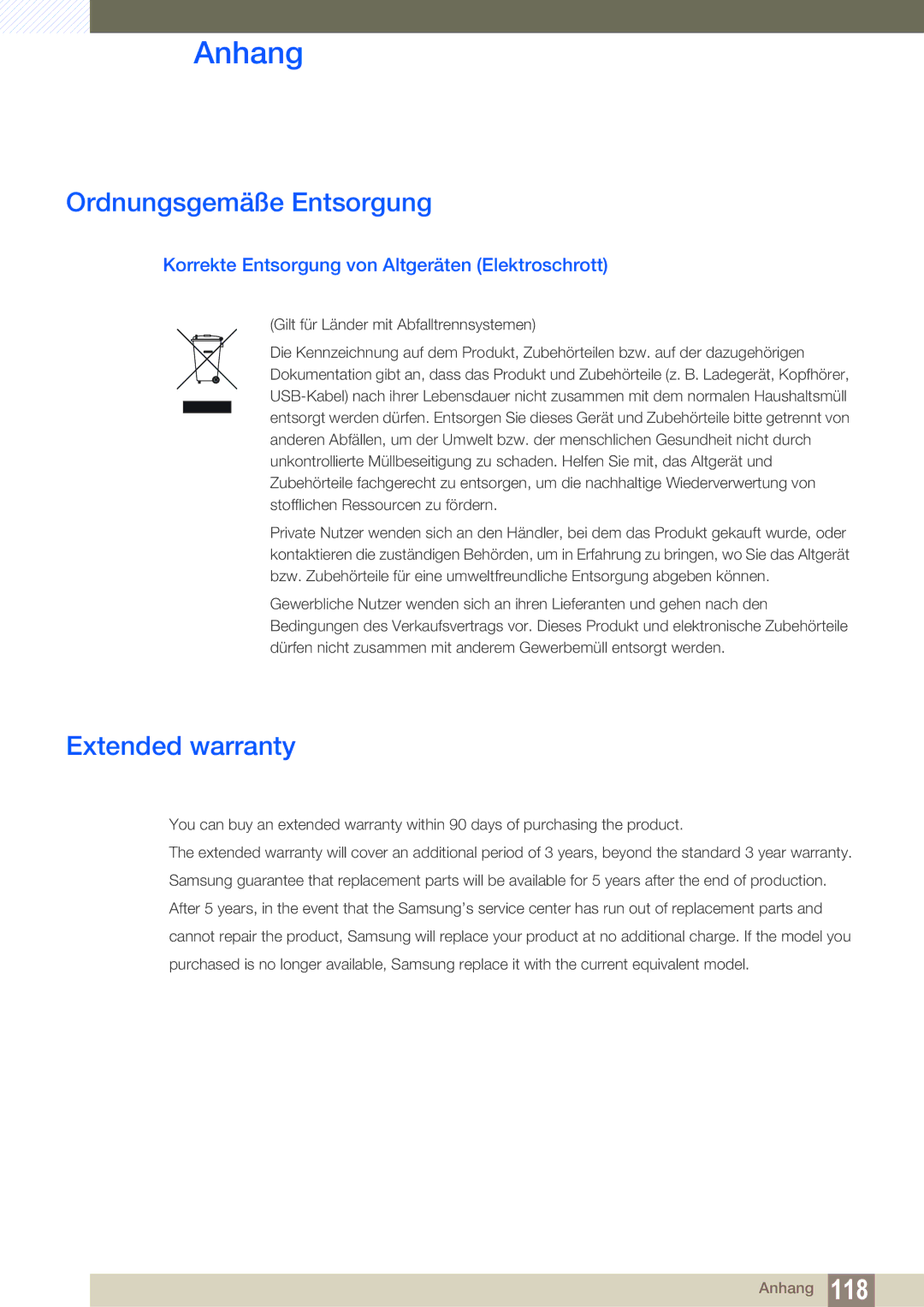 Samsung LU28E85KRS/EN Ordnungsgemäße Entsorgung, Extended warranty, Korrekte Entsorgung von Altgeräten Elektroschrott 