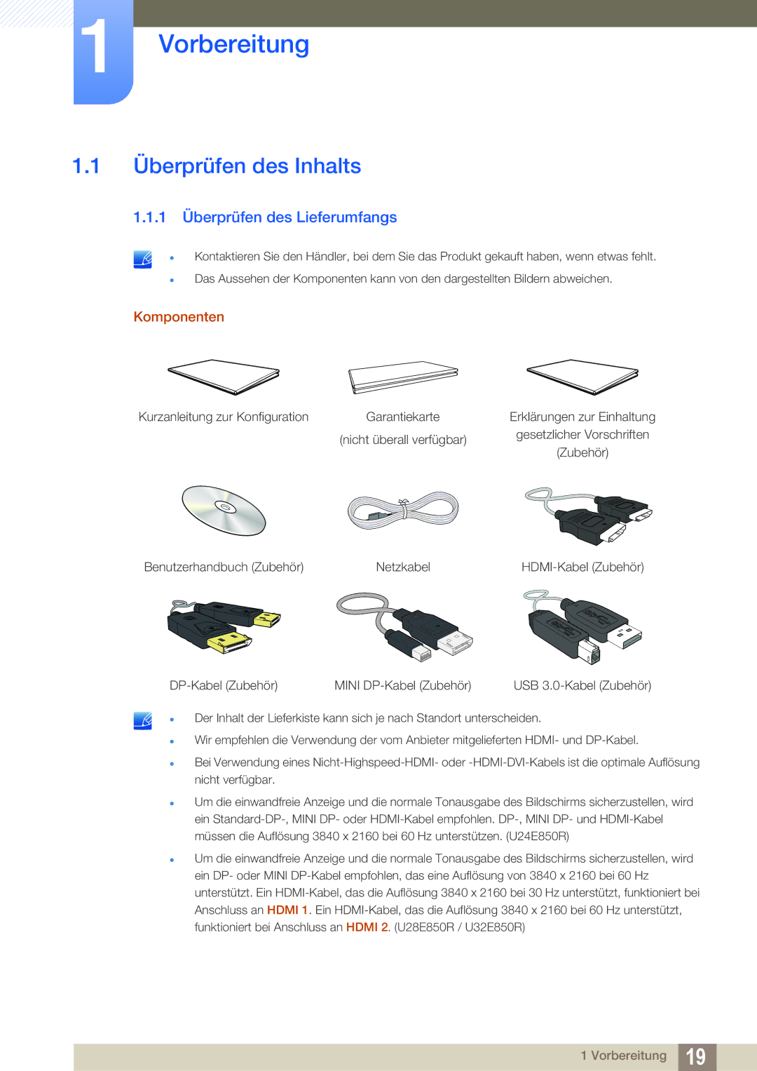 Samsung LU28E85KRS/EN, LU32E85KRS/EN Vorbereitung, Überprüfen des Inhalts, 1 Überprüfen des Lieferumfangs, Komponenten 