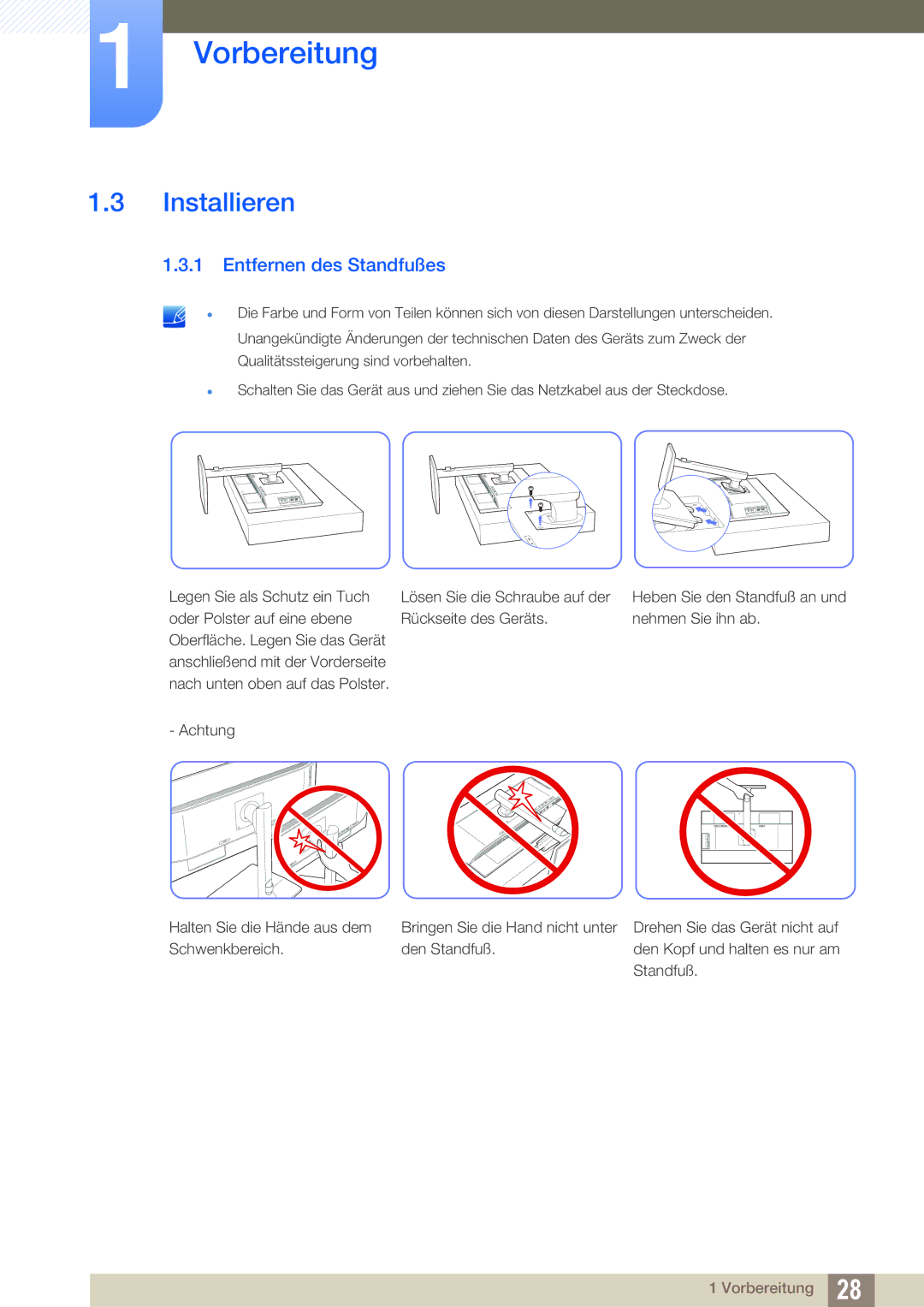 Samsung LU28E85KRS/EN, LU32E85KRS/EN, LU24E85KRS/EN manual Installieren, Entfernen des Standfußes 