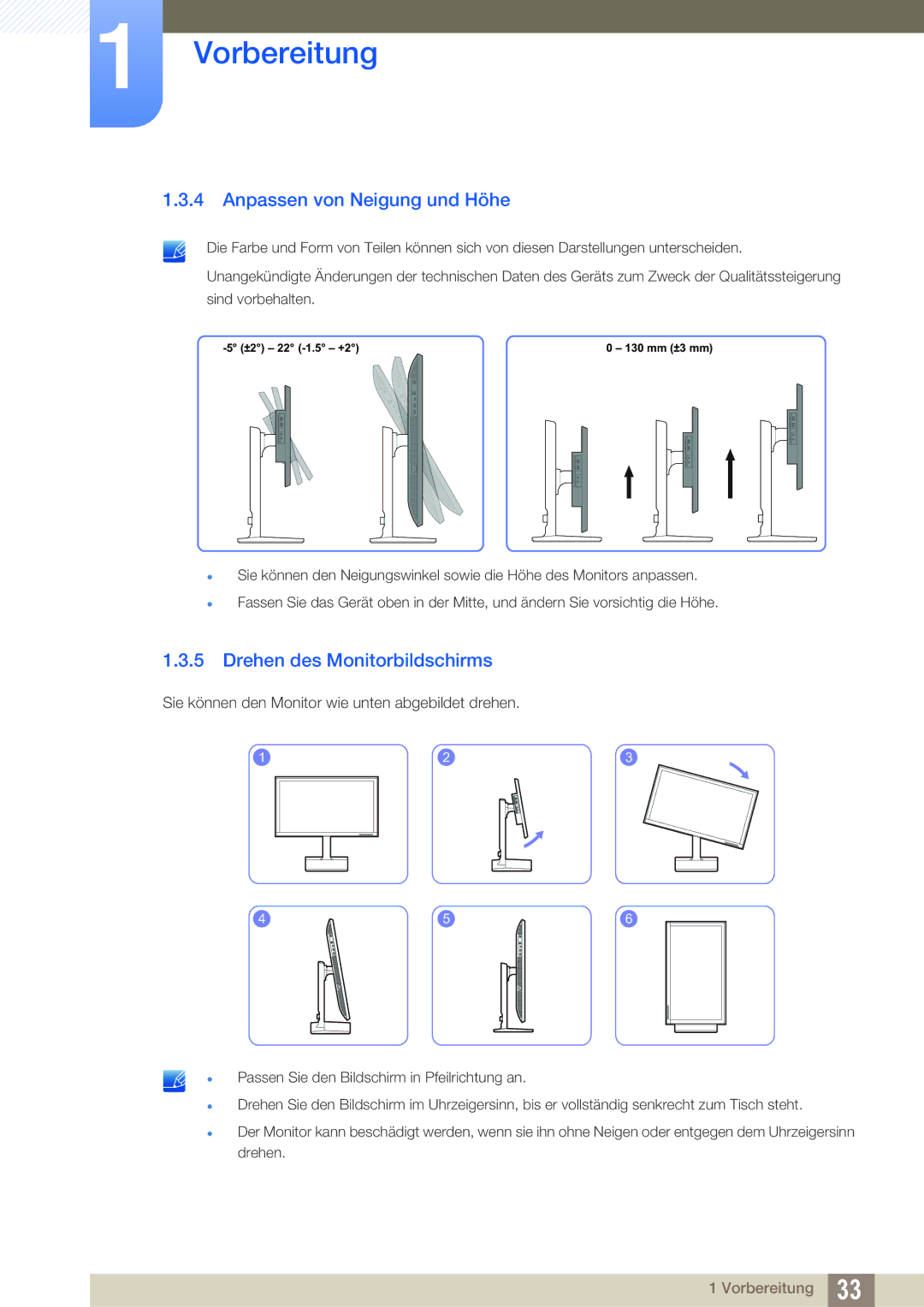 Samsung LU32E85KRS/EN, LU28E85KRS/EN, LU24E85KRS/EN manual Anpassen von Neigung und Höhe, Drehen des Monitorbildschirms 