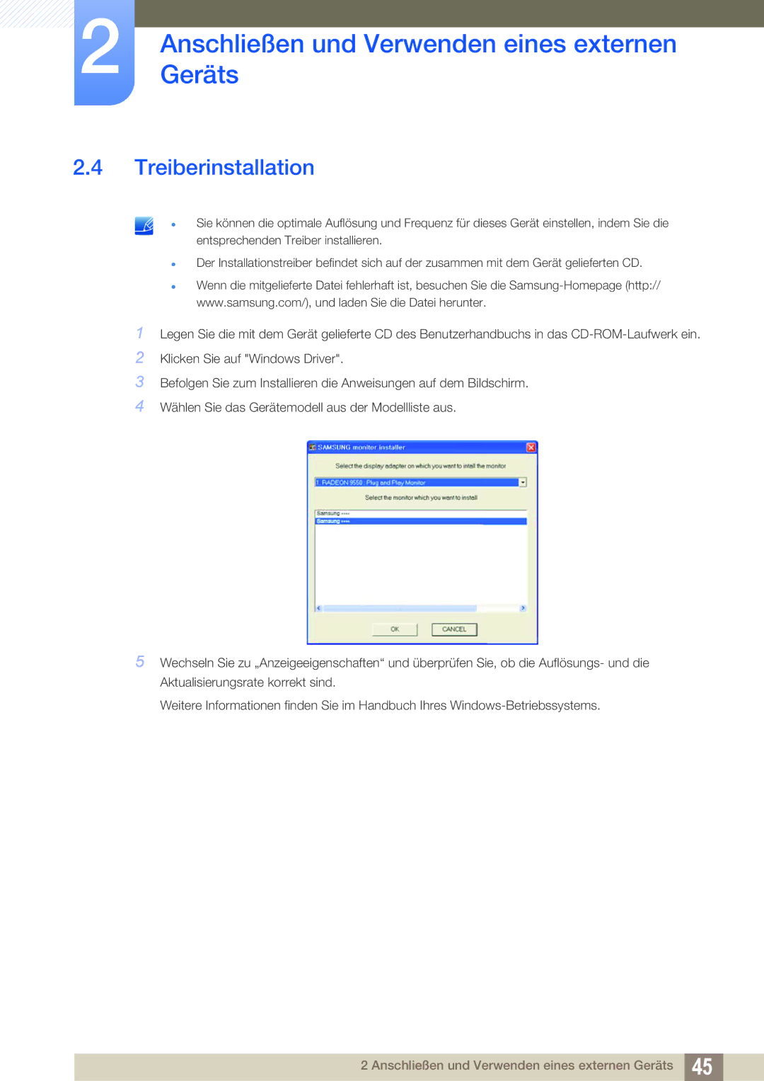 Samsung LU32E85KRS/EN, LU28E85KRS/EN, LU24E85KRS/EN manual Treiberinstallation 