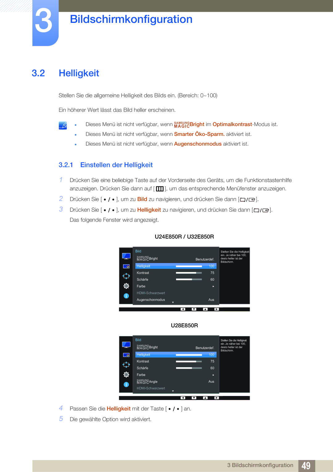 Samsung LU28E85KRS/EN, LU32E85KRS/EN, LU24E85KRS/EN manual Einstellen der Helligkeit 