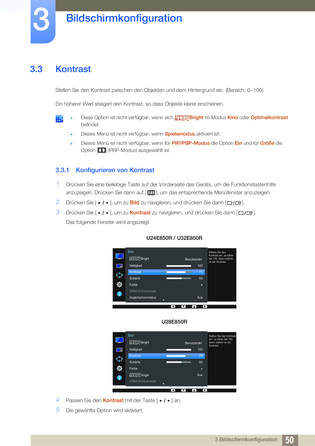 Samsung LU24E85KRS/EN, LU32E85KRS/EN, LU28E85KRS/EN manual Konfigurieren von Kontrast 