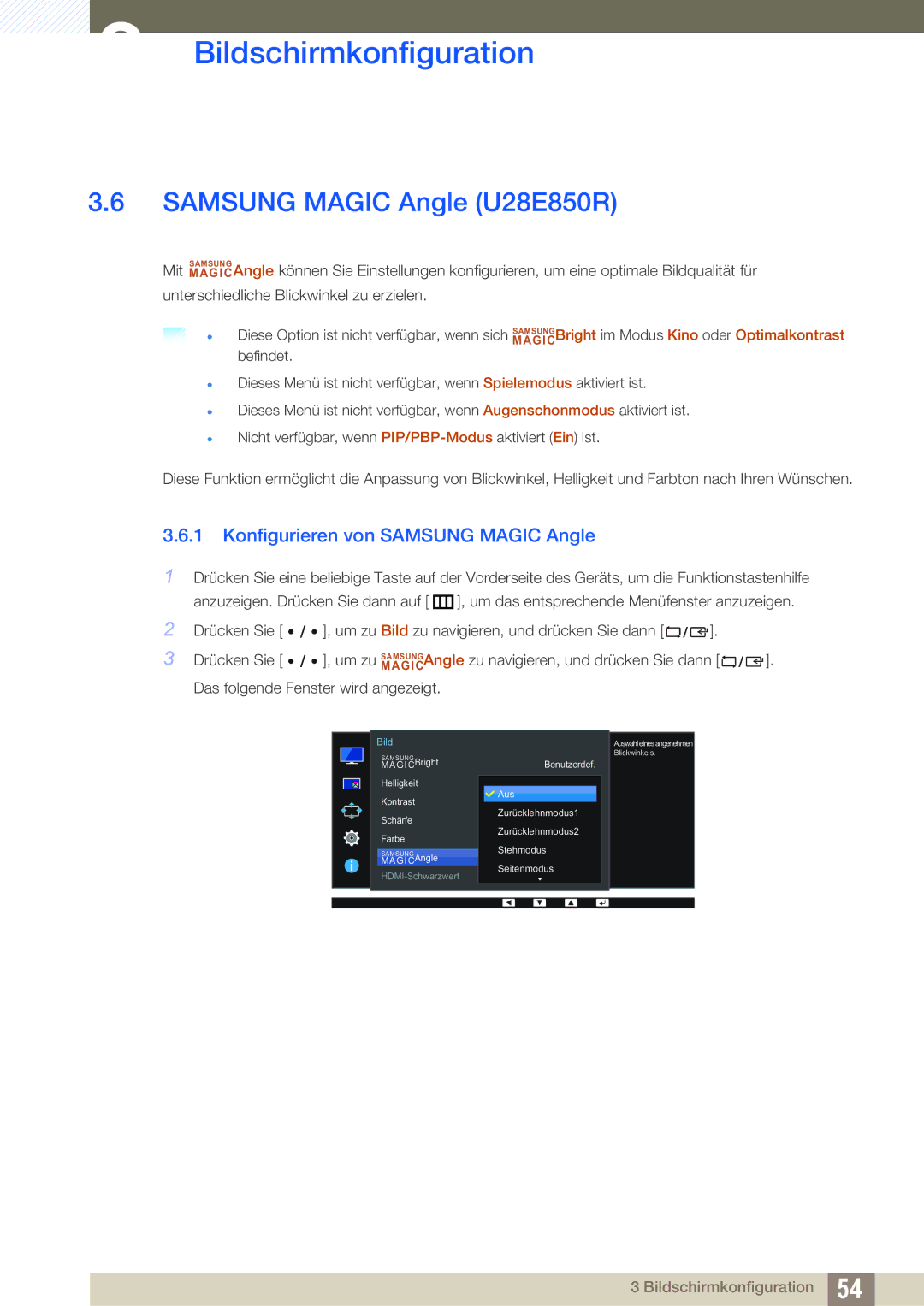 Samsung LU32E85KRS/EN, LU28E85KRS/EN, LU24E85KRS/EN Samsung Magic Angle U28E850R, Konfigurieren von Samsung Magic Angle 