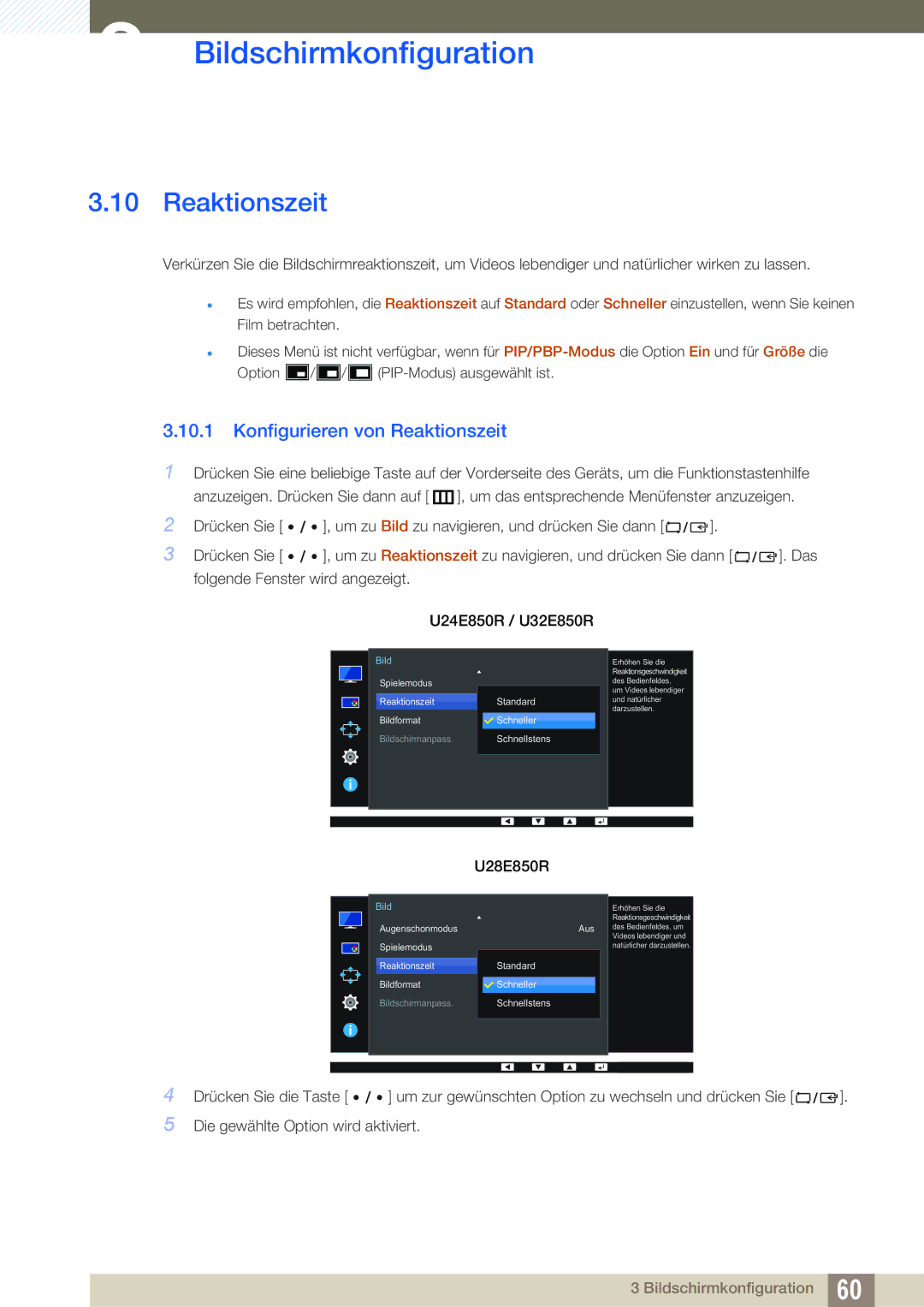 Samsung LU32E85KRS/EN, LU28E85KRS/EN, LU24E85KRS/EN manual Konfigurieren von Reaktionszeit 