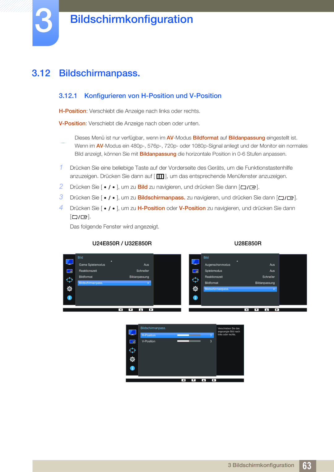 Samsung LU32E85KRS/EN, LU28E85KRS/EN, LU24E85KRS/EN manual Bildschirmanpass, Konfigurieren von H-Position und V-Position 