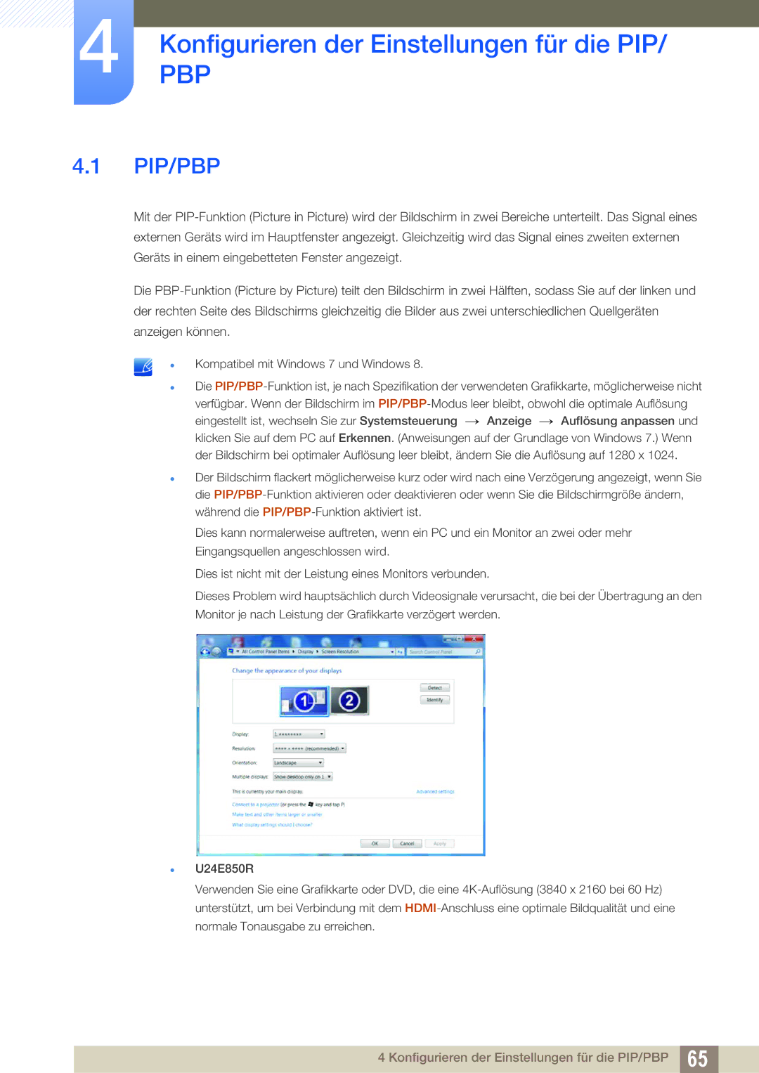 Samsung LU24E85KRS/EN, LU32E85KRS/EN, LU28E85KRS/EN manual KonfigurierenPBP der Einstellungen für die PIP, Pip/Pbp 