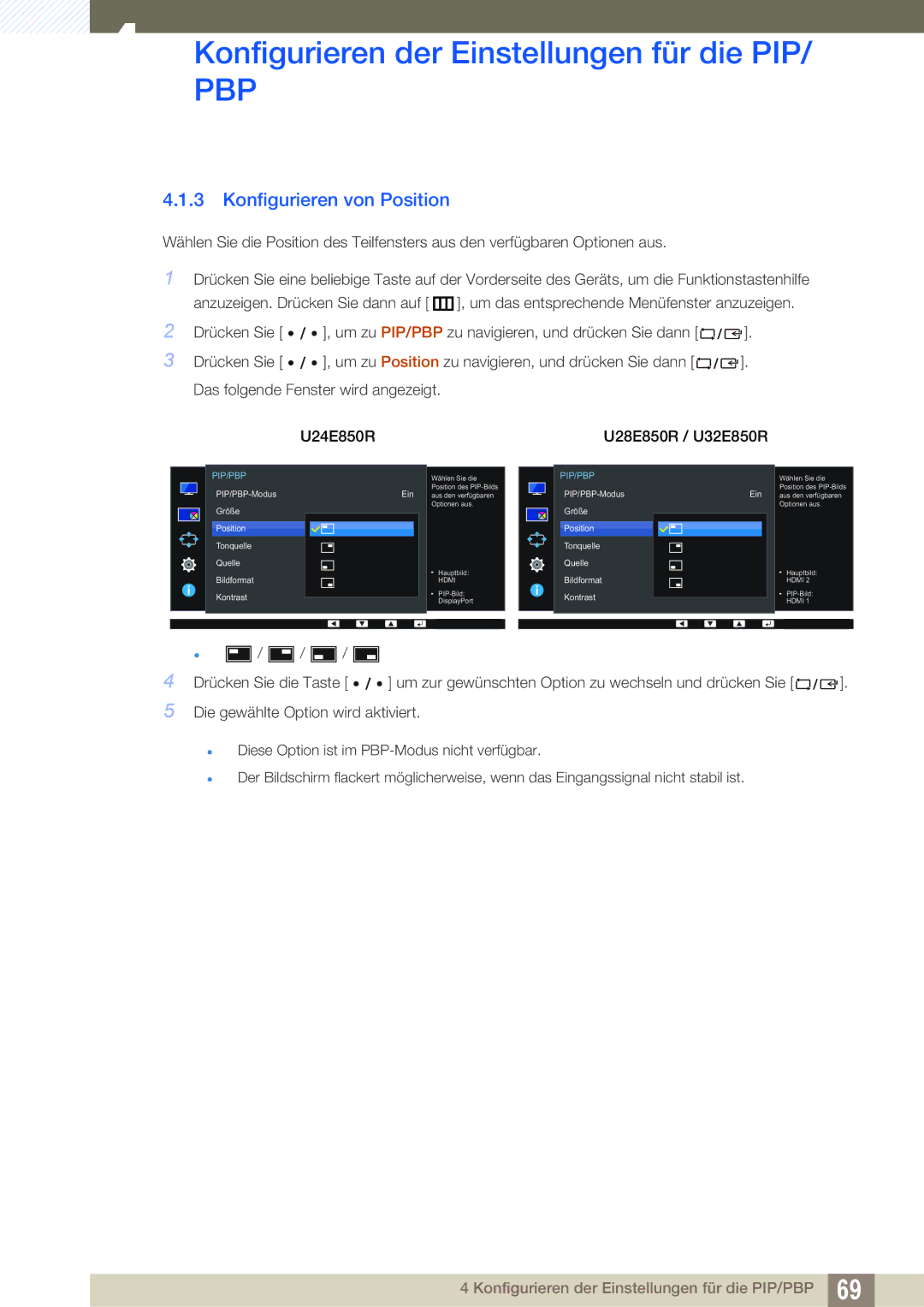 Samsung LU32E85KRS/EN, LU28E85KRS/EN manual Konfigurieren von Position, Größe Position Tonquelle Quelle Bildformat Kontrast 