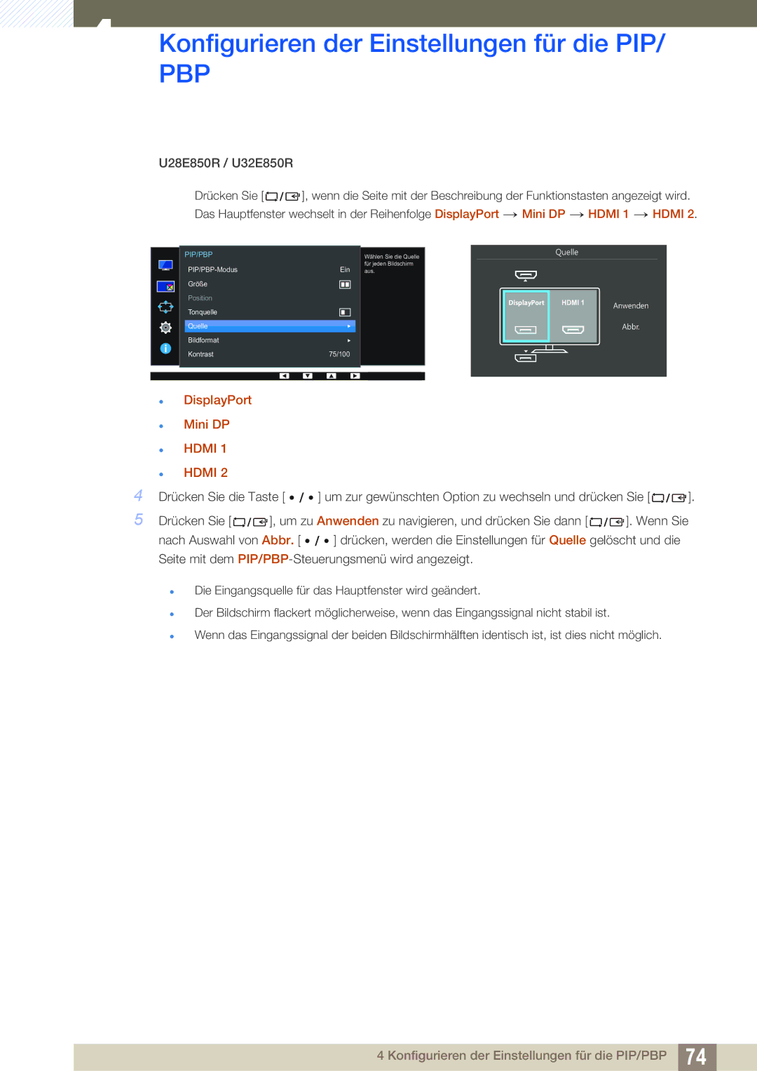 Samsung LU24E85KRS/EN, LU32E85KRS/EN, LU28E85KRS/EN manual KonfigurierenPBP der Einstellungen für die PIP 