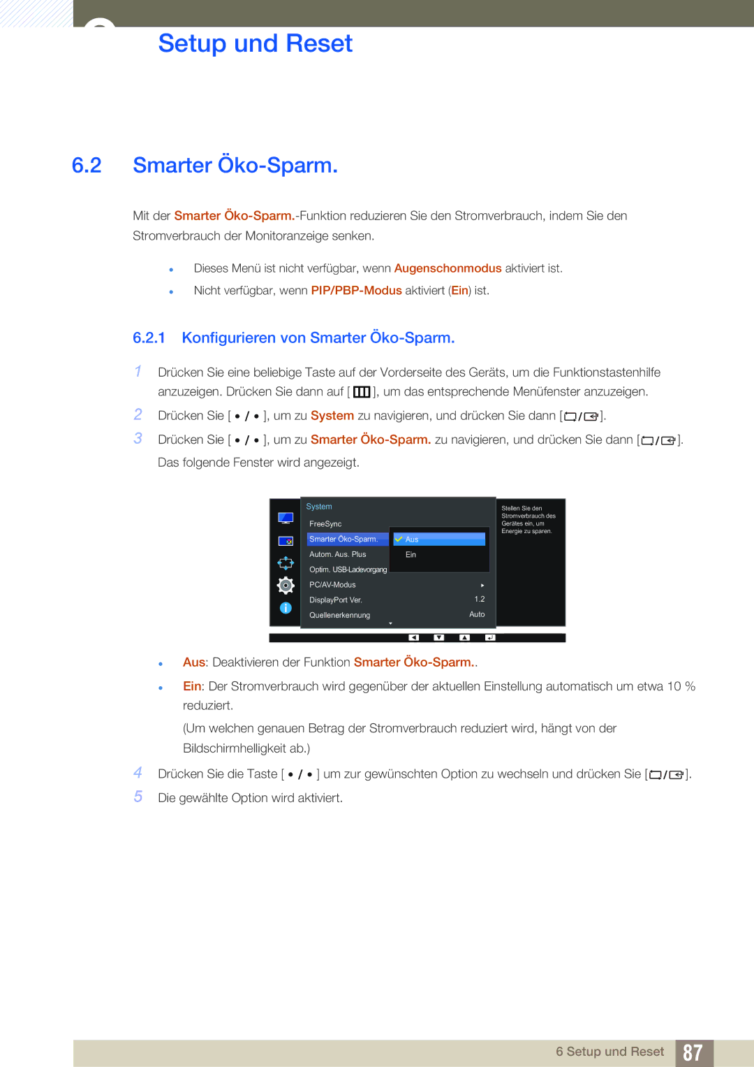 Samsung LU32E85KRS/EN, LU28E85KRS/EN, LU24E85KRS/EN manual Konfigurieren von Smarter Öko-Sparm 