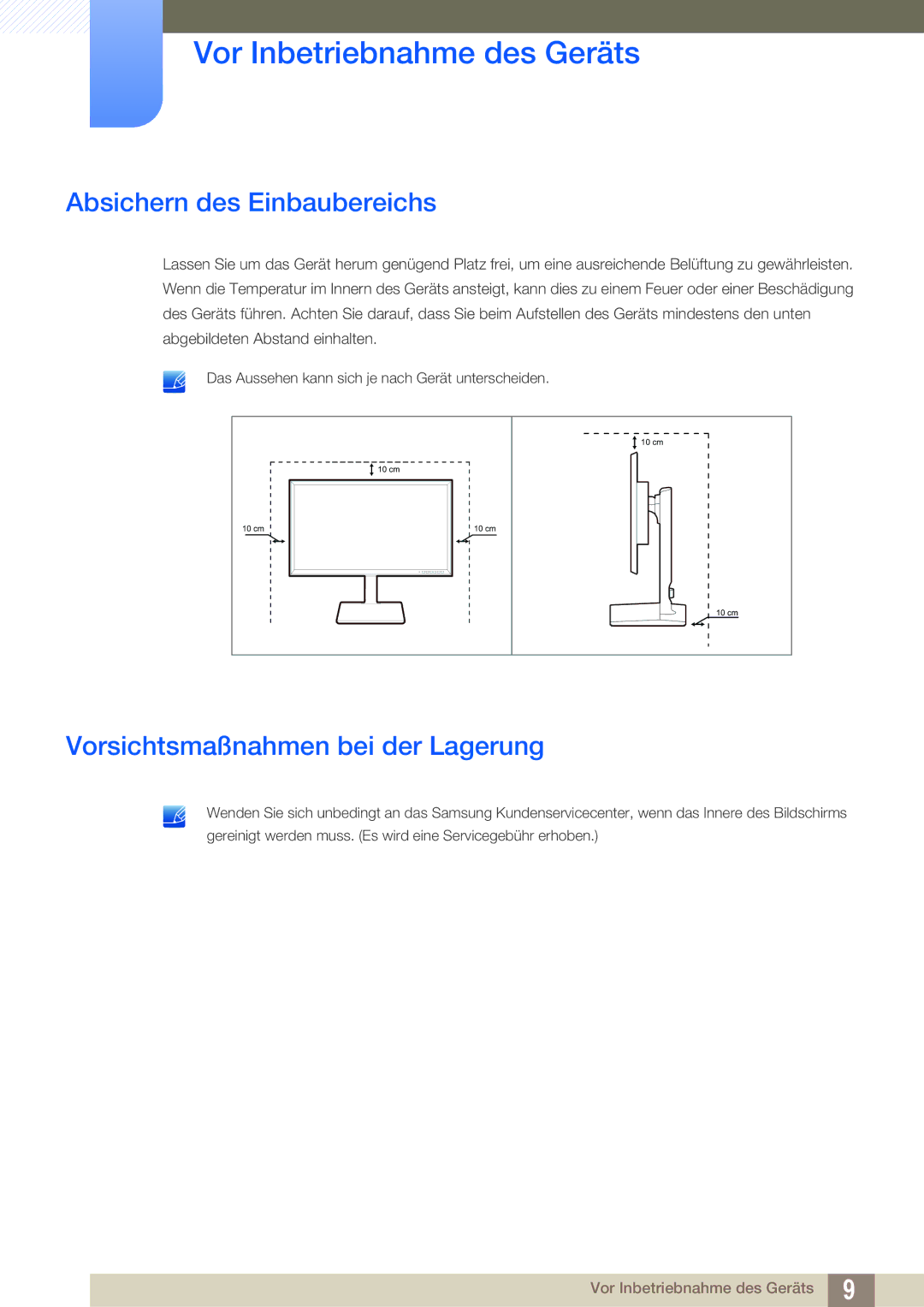 Samsung LU32E85KRS/EN, LU28E85KRS/EN, LU24E85KRS/EN manual Absichern des Einbaubereichs, Vorsichtsmaßnahmen bei der Lagerung 