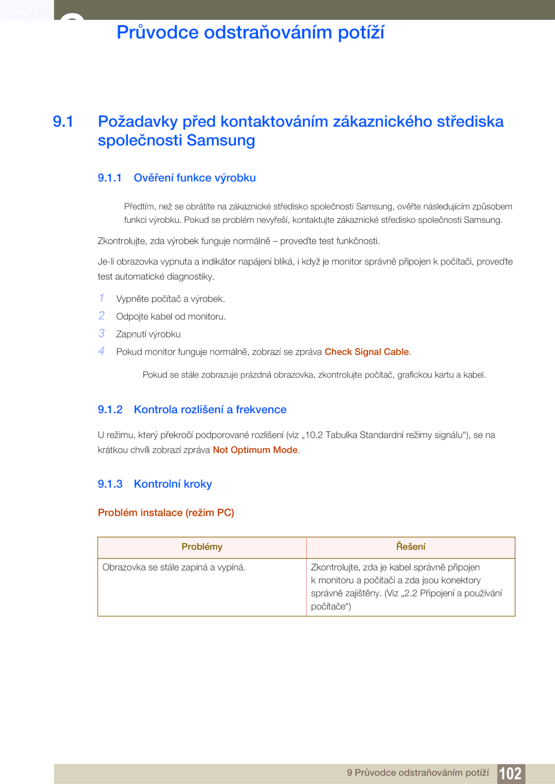 Samsung LU32E85KRS/EN manual Průvodce odstraňováním potíží, 1 Ověření funkce výrobku, Kontrola rozlišení a frekvence 