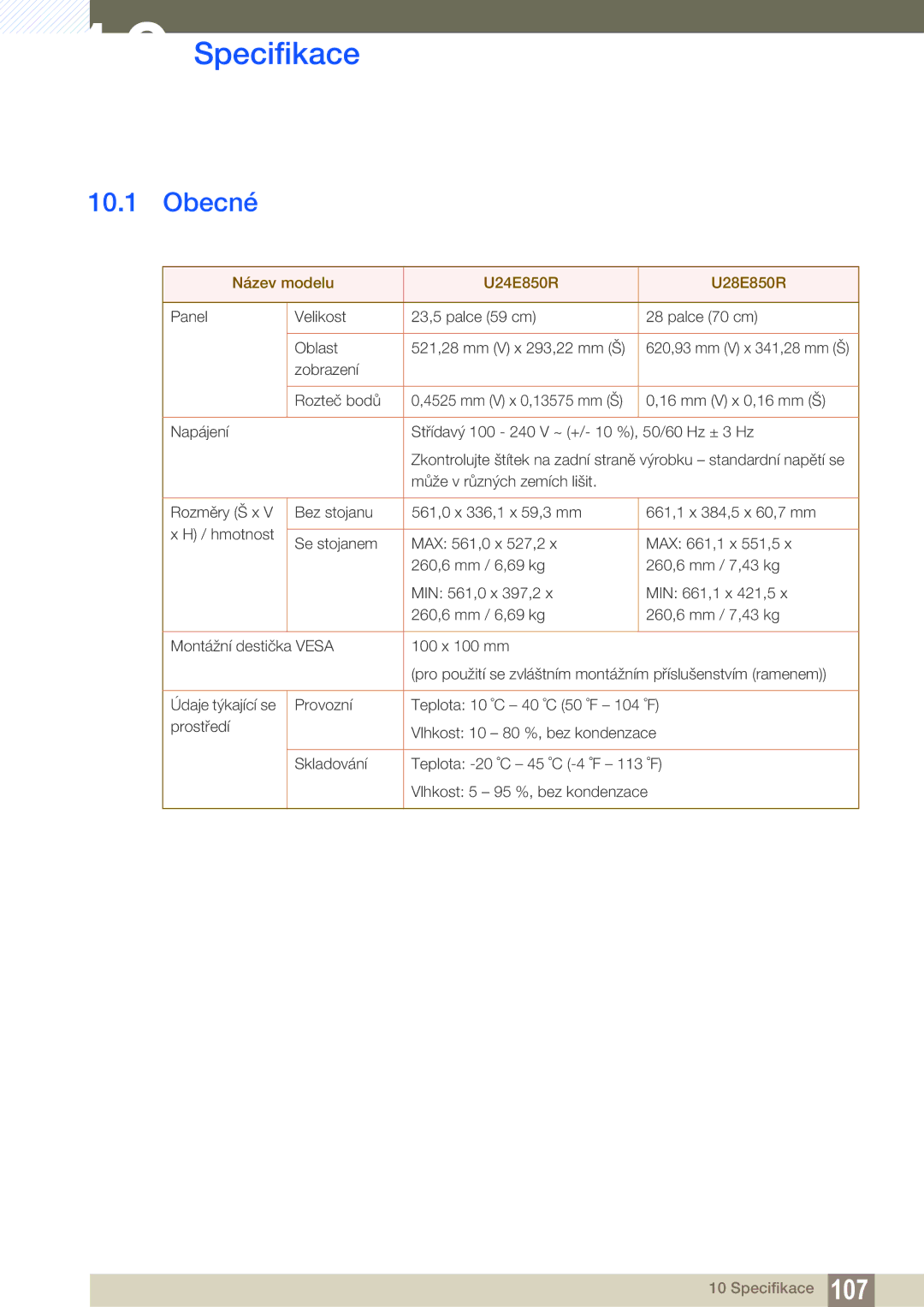 Samsung LU24E85KRS/EN, LU32E85KRS/EN, LU28E85KRS/EN manual Specifikace, Obecné 