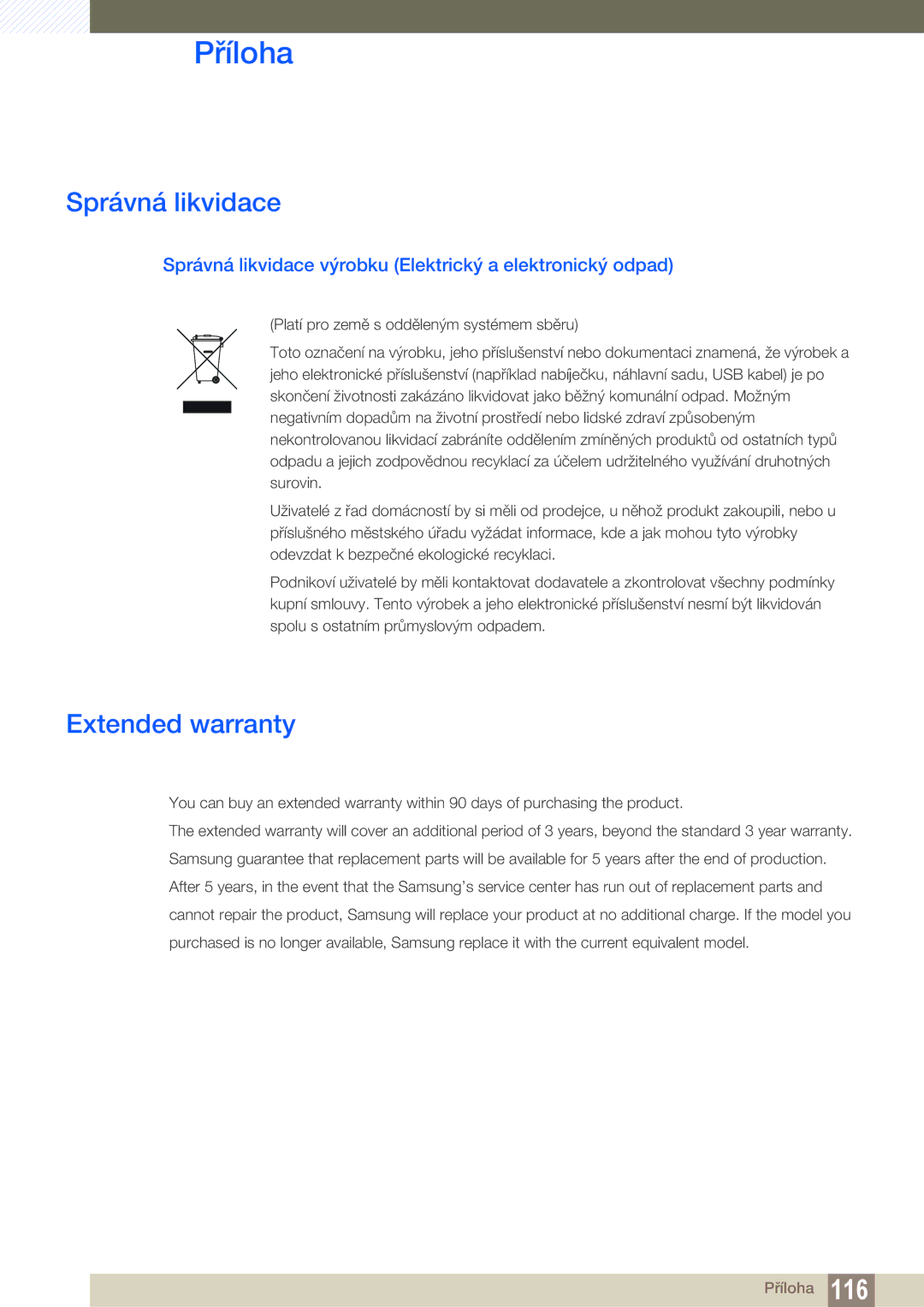 Samsung LU24E85KRS/EN, LU32E85KRS/EN manual Extended warranty, Správná likvidace výrobku Elektrický a elektronický odpad 