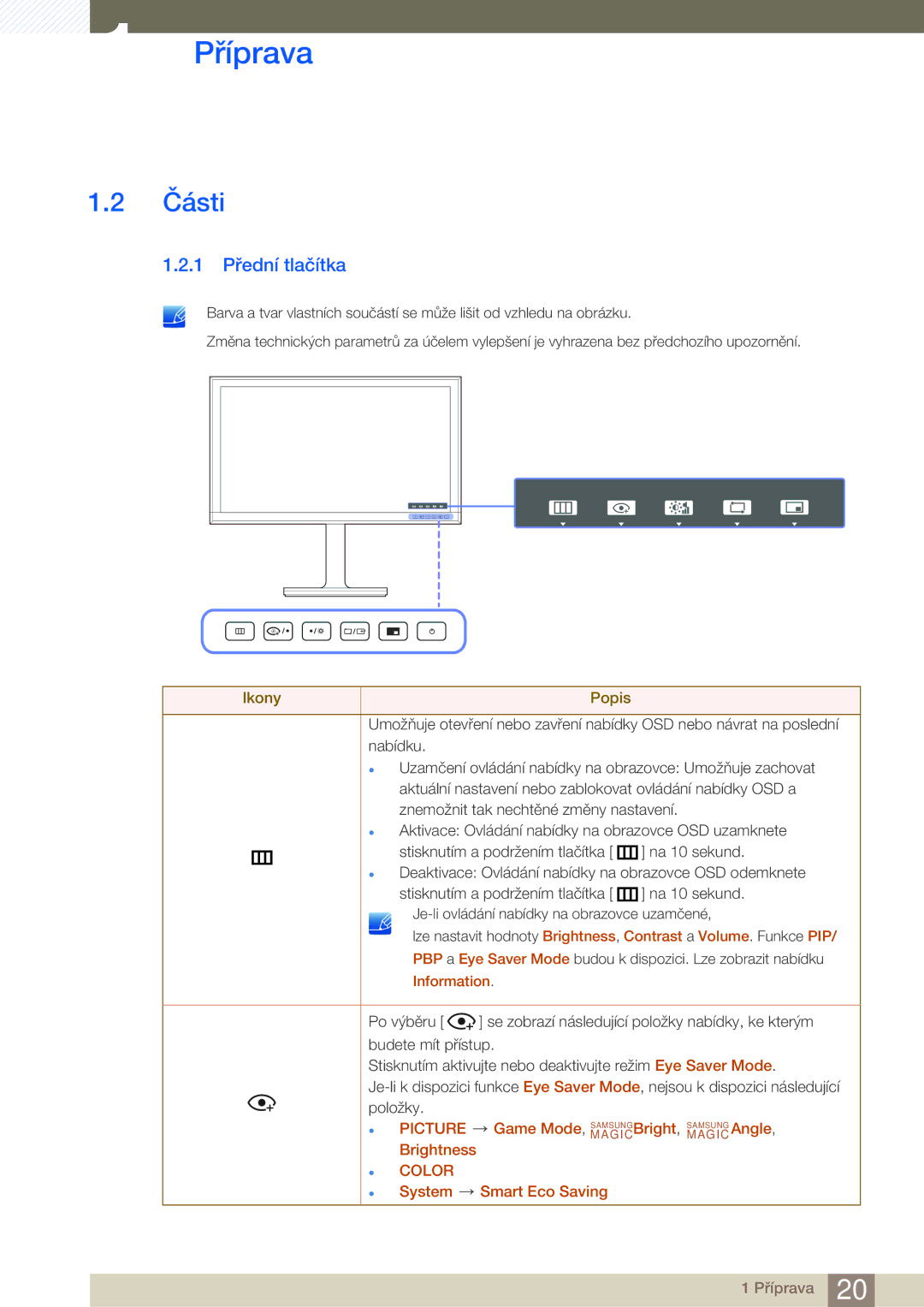 Samsung LU24E85KRS/EN, LU32E85KRS/EN, LU28E85KRS/EN manual Části, 1 Přední tlačítka 