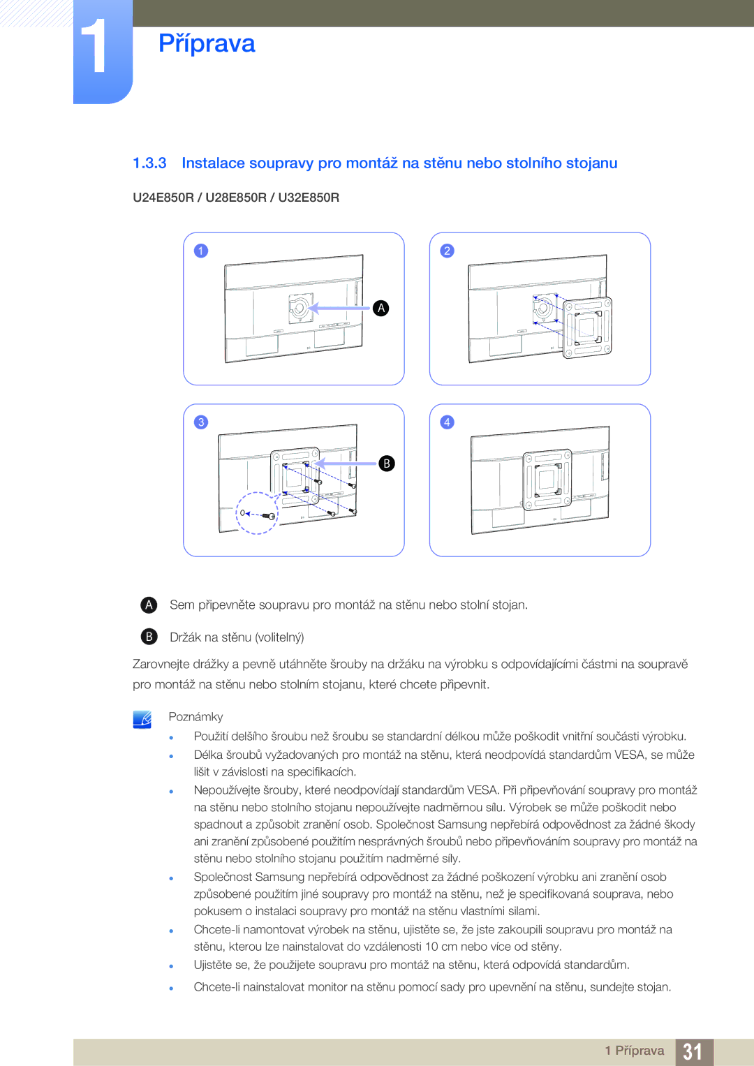 Samsung LU28E85KRS/EN, LU32E85KRS/EN, LU24E85KRS/EN manual Instalace soupravy pro montáž na stěnu nebo stolního stojanu 