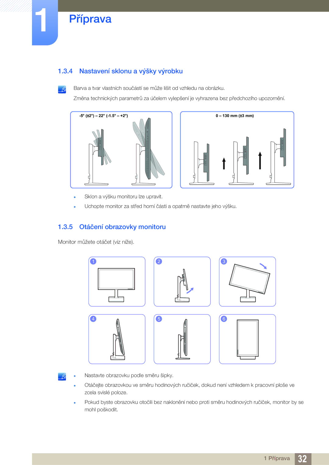 Samsung LU24E85KRS/EN, LU32E85KRS/EN, LU28E85KRS/EN manual Nastavení sklonu a výšky výrobku, 5 Otáčení obrazovky monitoru 