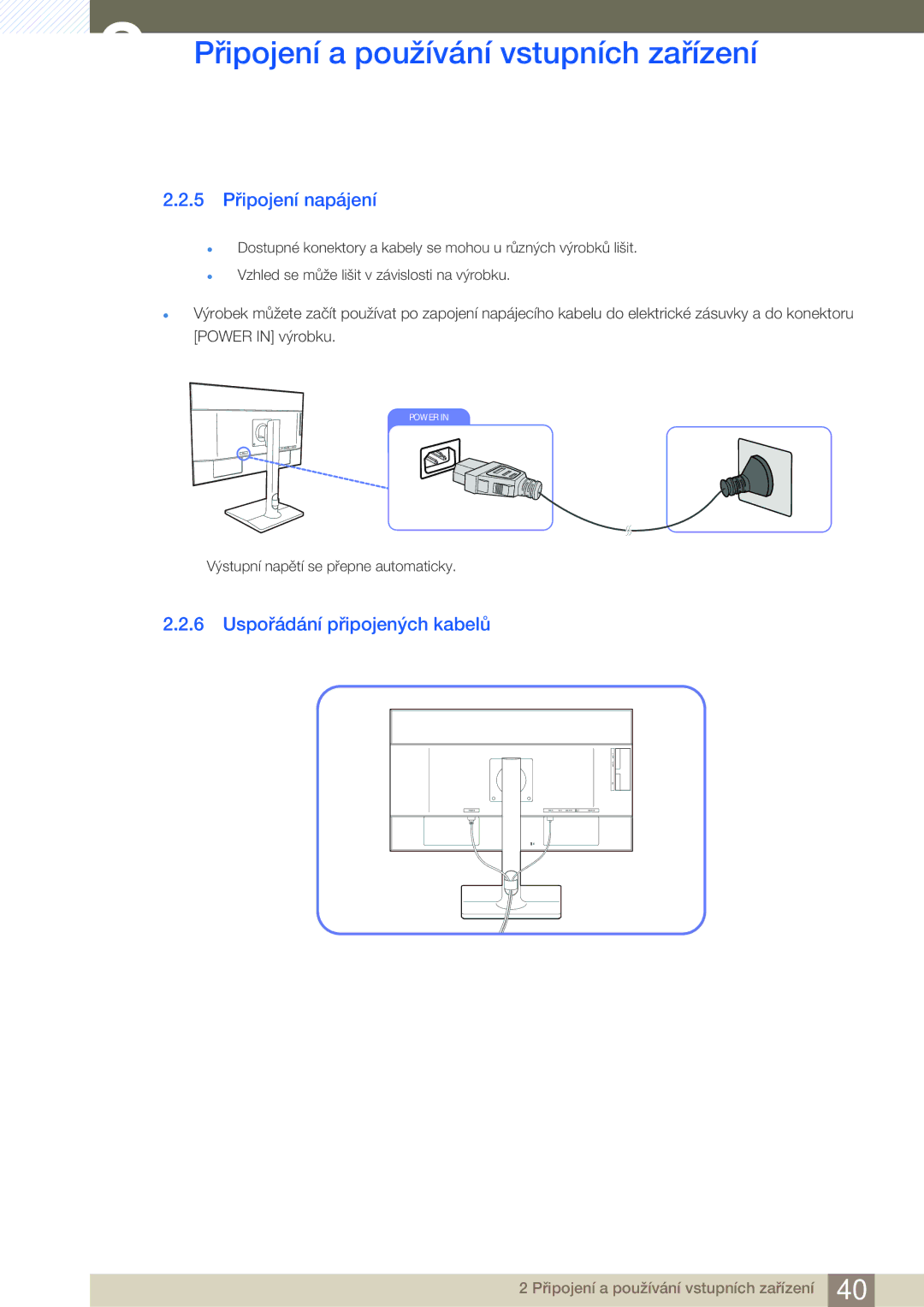 Samsung LU28E85KRS/EN, LU32E85KRS/EN, LU24E85KRS/EN manual 5 Připojení napájení, Uspořádání připojených kabelů 