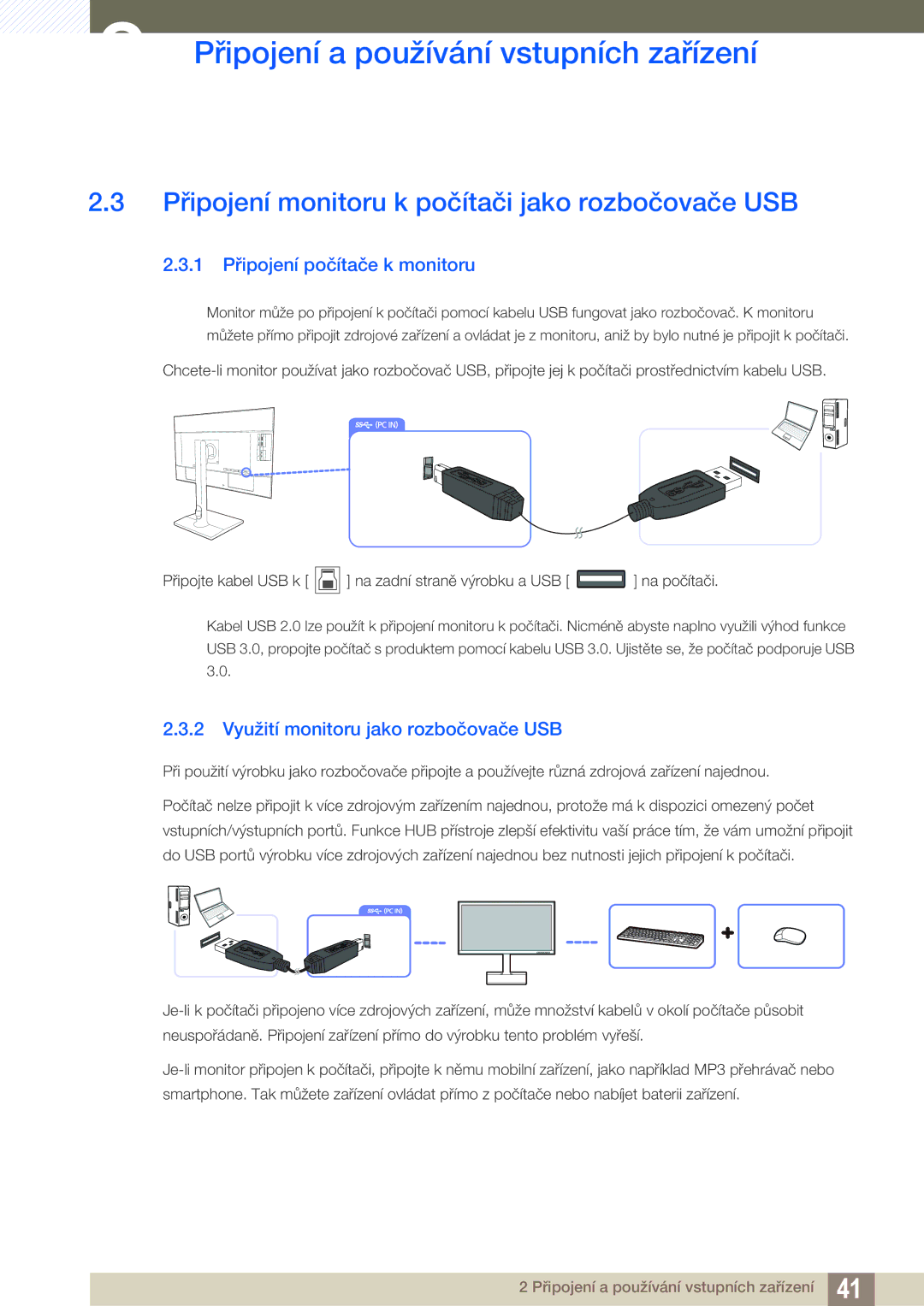 Samsung LU24E85KRS/EN, LU32E85KRS/EN Připojení monitoru k počítači jako rozbočovače USB, 1 Připojení počítače k monitoru 