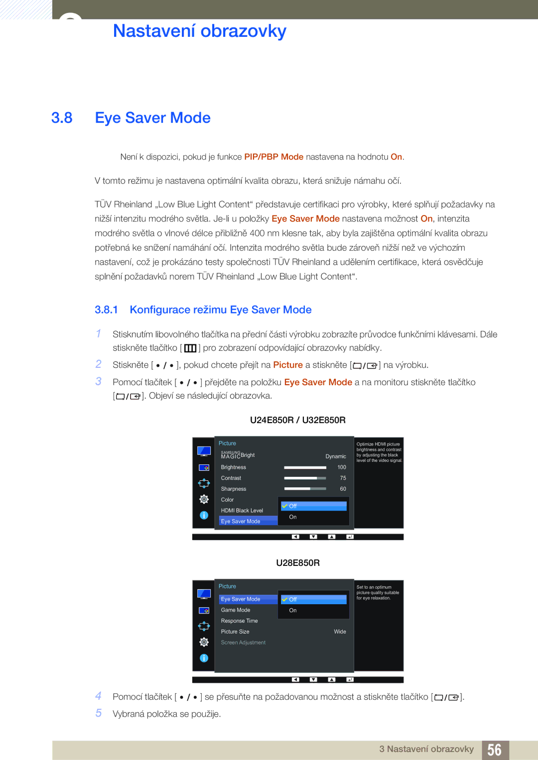 Samsung LU24E85KRS/EN, LU32E85KRS/EN, LU28E85KRS/EN manual Konfigurace režimu Eye Saver Mode 