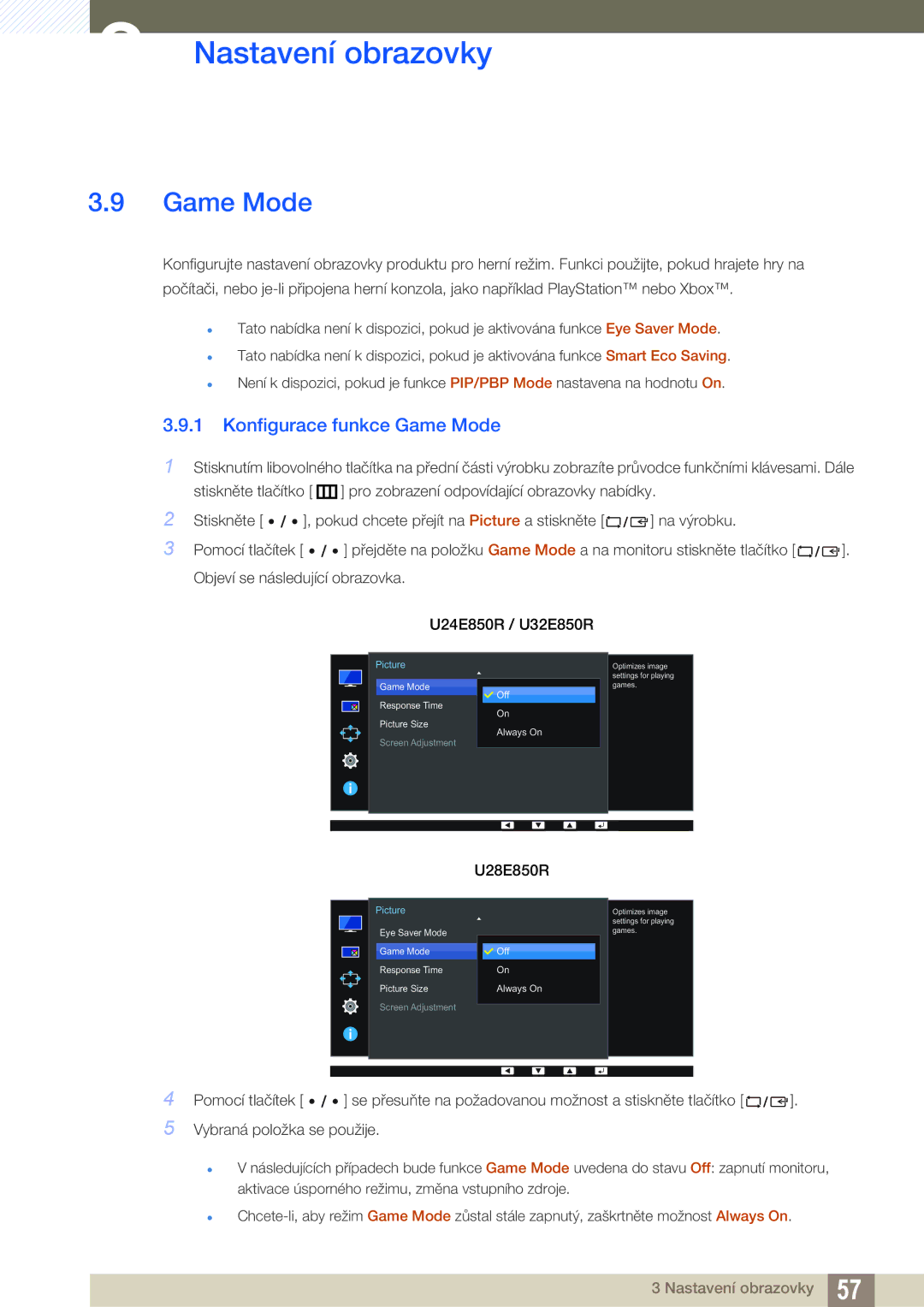 Samsung LU32E85KRS/EN, LU28E85KRS/EN, LU24E85KRS/EN manual Konfigurace funkce Game Mode 