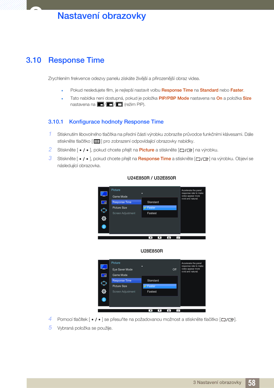 Samsung LU28E85KRS/EN, LU32E85KRS/EN, LU24E85KRS/EN manual Konfigurace hodnoty Response Time 