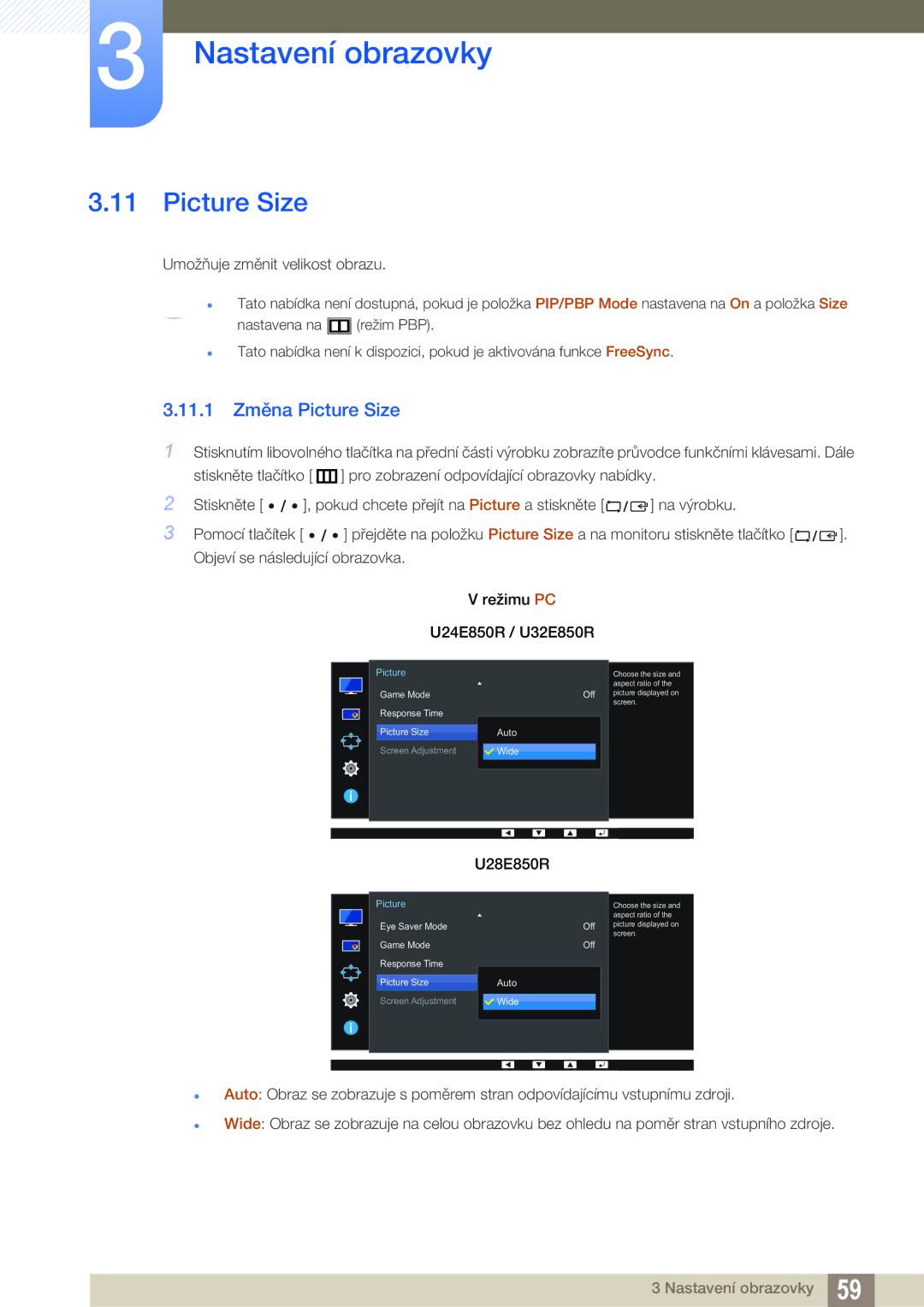 Samsung LU24E85KRS/EN, LU32E85KRS/EN, LU28E85KRS/EN manual 11.1 Změna Picture Size 