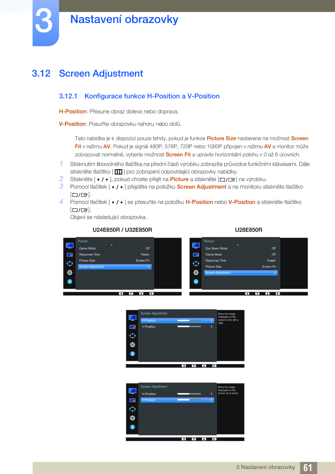 Samsung LU28E85KRS/EN, LU32E85KRS/EN, LU24E85KRS/EN manual Screen Adjustment, Konfigurace funkce H-Position a V-Position 