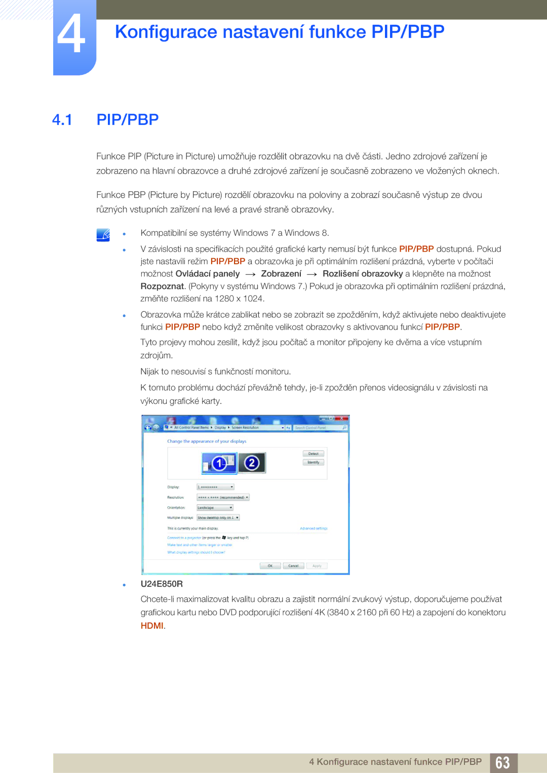 Samsung LU32E85KRS/EN, LU28E85KRS/EN, LU24E85KRS/EN manual Konfigurace nastavení funkce PIP/PBP, Pip/Pbp 