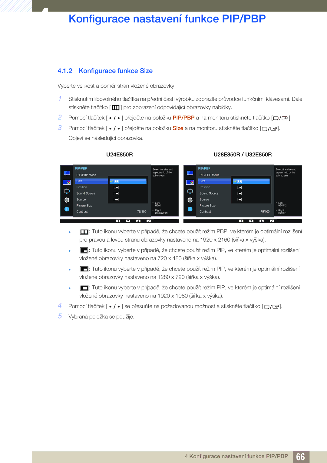 Samsung LU32E85KRS/EN, LU28E85KRS/EN, LU24E85KRS/EN manual Konfigurace funkce Size, U24E850R 