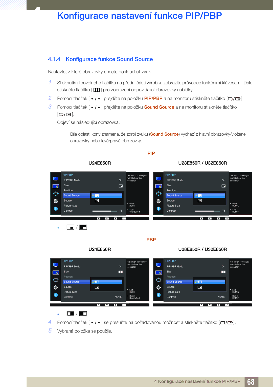 Samsung LU24E85KRS/EN, LU32E85KRS/EN, LU28E85KRS/EN manual Konfigurace funkce Sound Source, Pip 