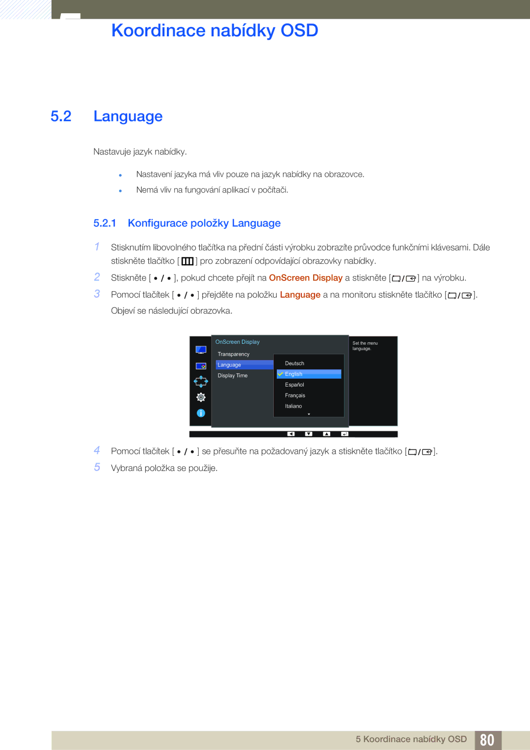 Samsung LU24E85KRS/EN, LU32E85KRS/EN, LU28E85KRS/EN manual Konfigurace položky Language 