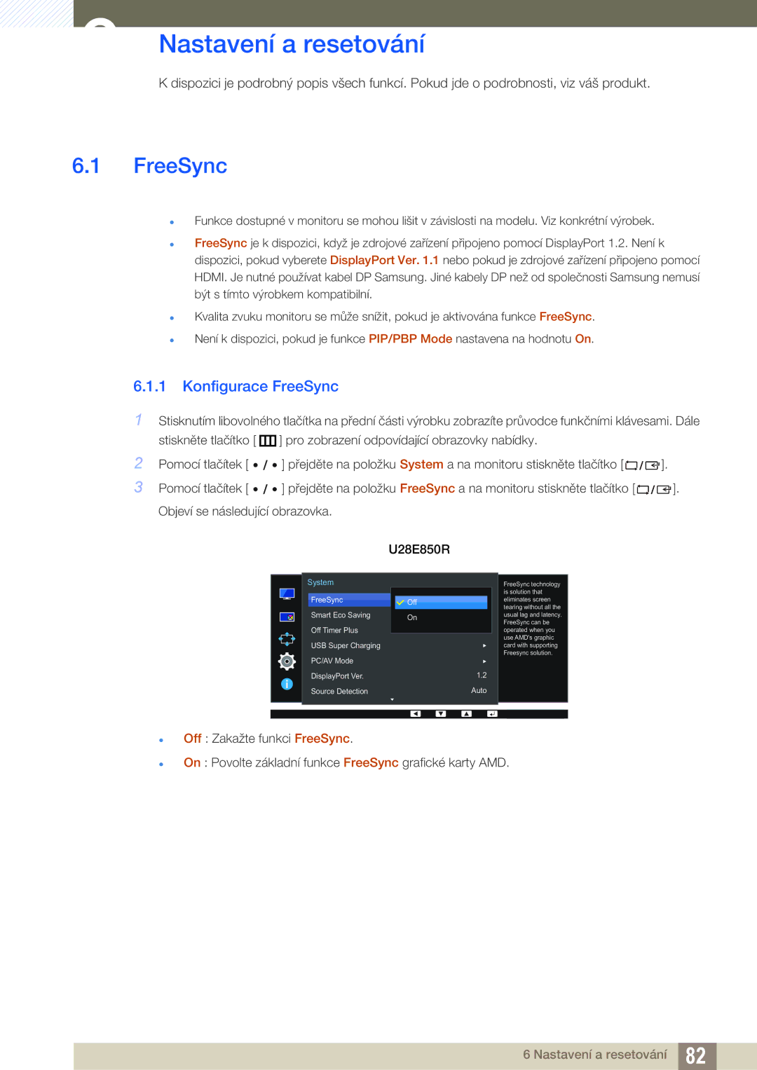 Samsung LU28E85KRS/EN, LU32E85KRS/EN, LU24E85KRS/EN manual Nastavení a resetování, Konfigurace FreeSync 