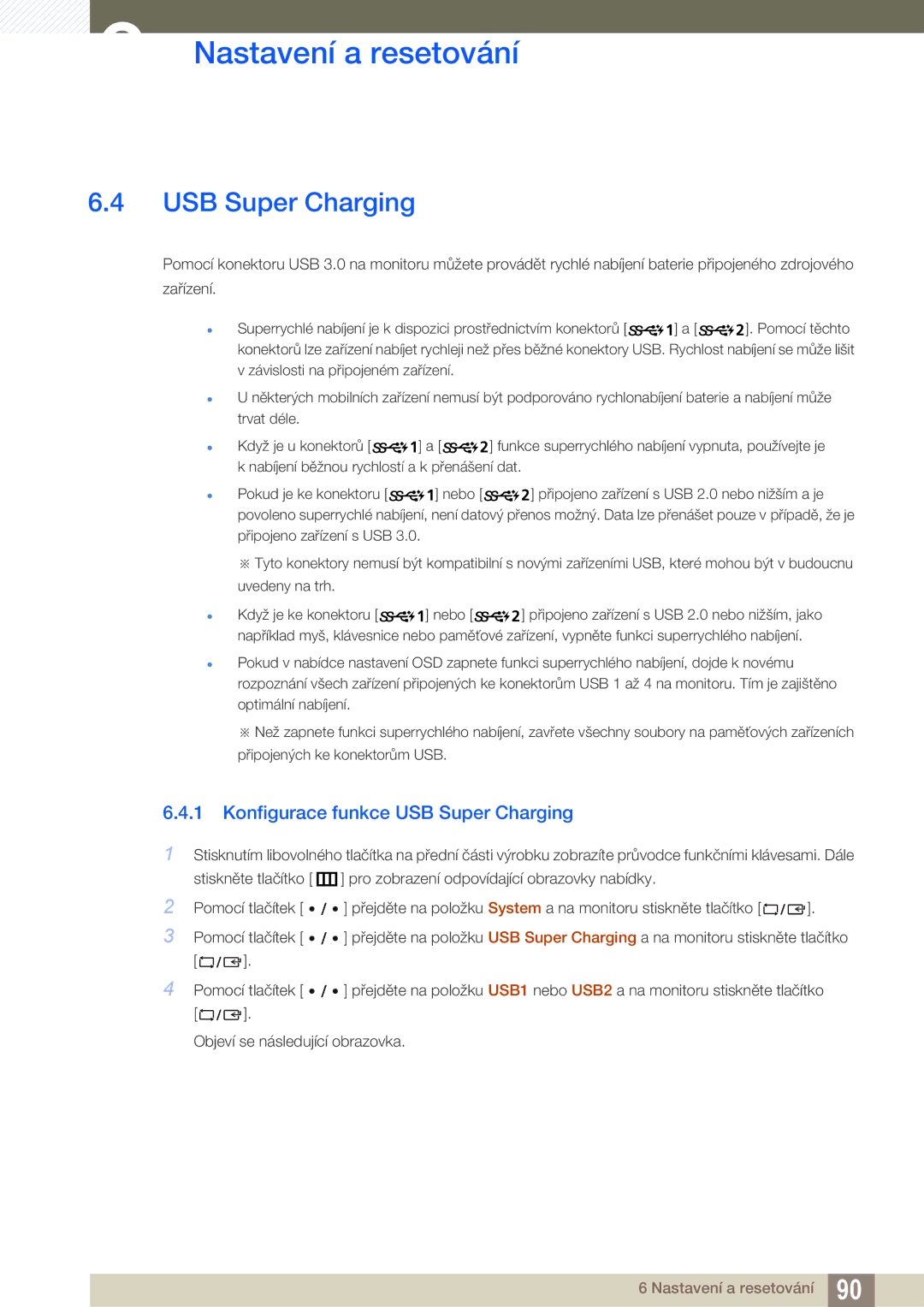 Samsung LU32E85KRS/EN, LU28E85KRS/EN, LU24E85KRS/EN manual Konfigurace funkce USB Super Charging 