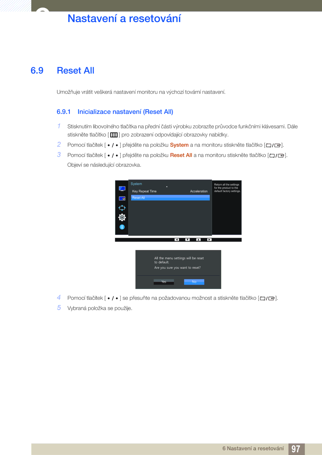 Samsung LU28E85KRS/EN, LU32E85KRS/EN, LU24E85KRS/EN manual Inicializace nastavení Reset All 