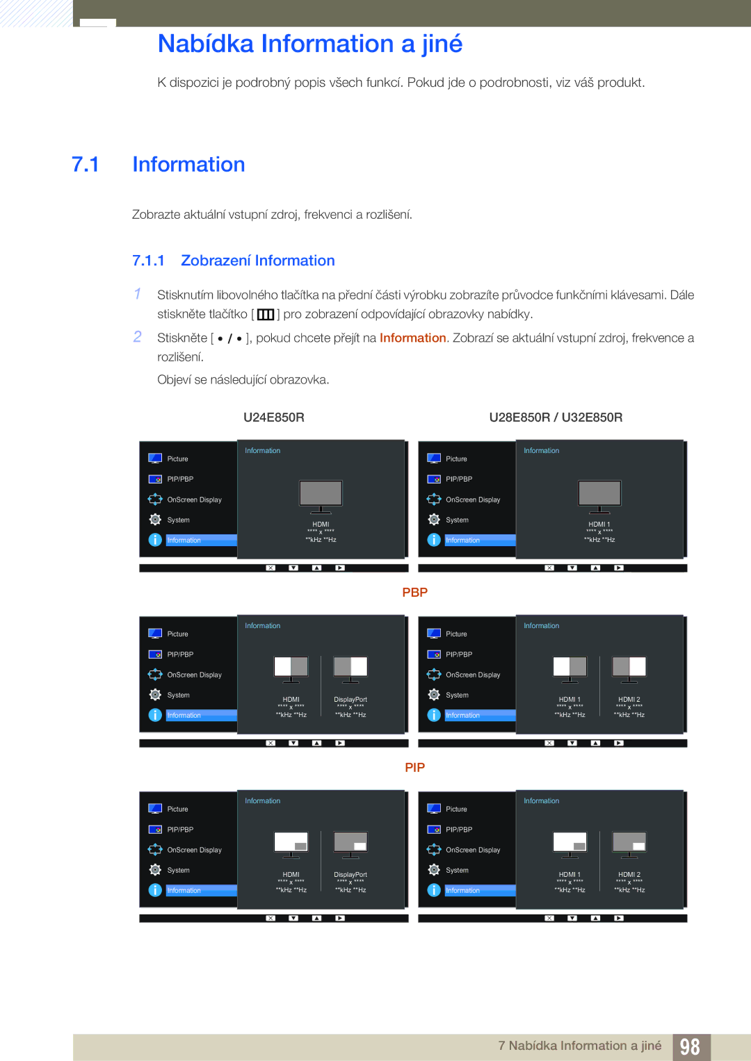 Samsung LU24E85KRS/EN, LU32E85KRS/EN, LU28E85KRS/EN manual Nabídka Information a jiné, Zobrazení Information 