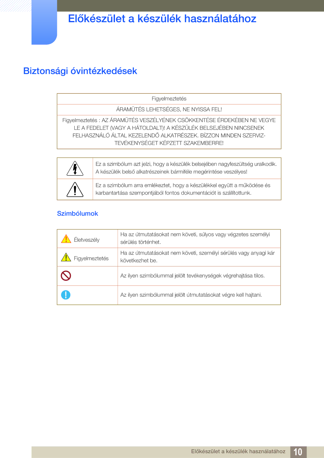 Samsung LU28E85KRS/EN, LU32E85KRS/EN, LU24E85KRS/EN manual Biztonsági óvintézkedések, Szimbólumok 