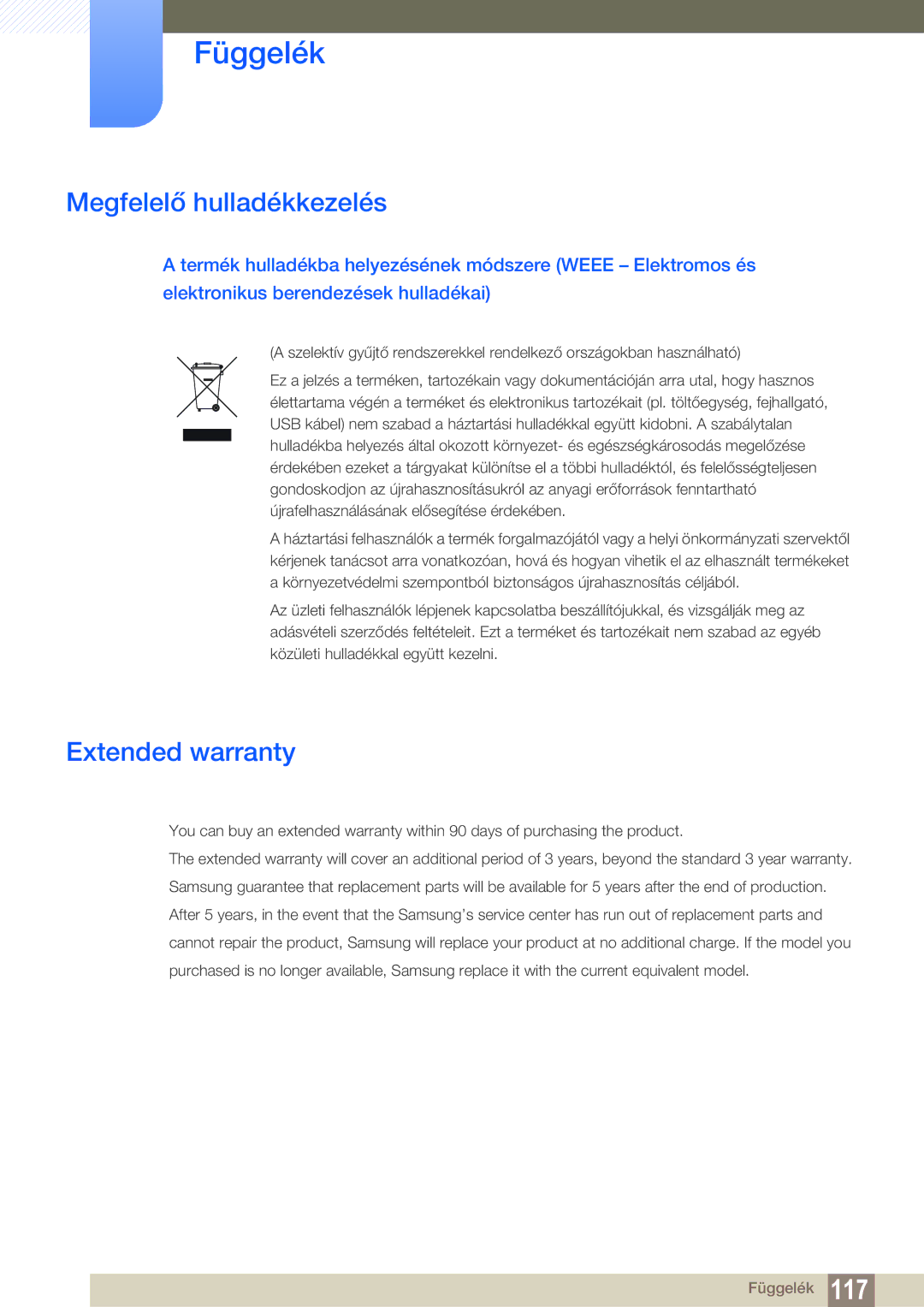 Samsung LU32E85KRS/EN, LU28E85KRS/EN, LU24E85KRS/EN manual Megfelelő hulladékkezelés, Extended warranty 