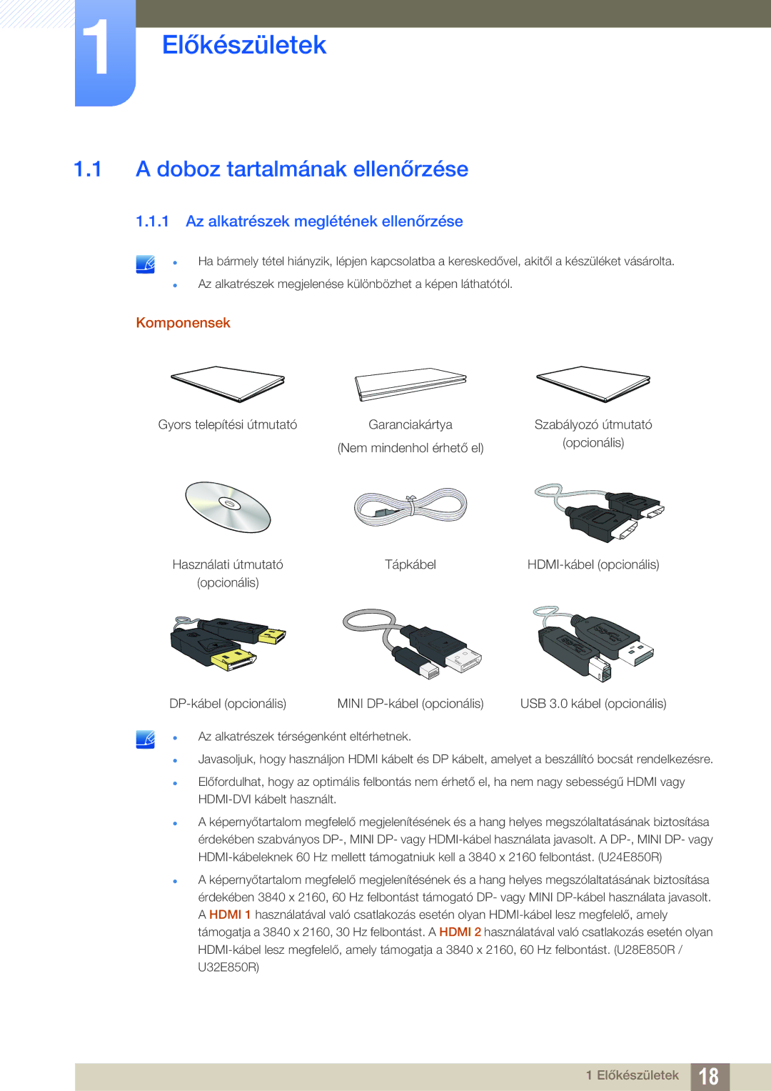 Samsung LU32E85KRS/EN Előkészületek, Doboz tartalmának ellenőrzése, Az alkatrészek meglétének ellenőrzése, Komponensek 